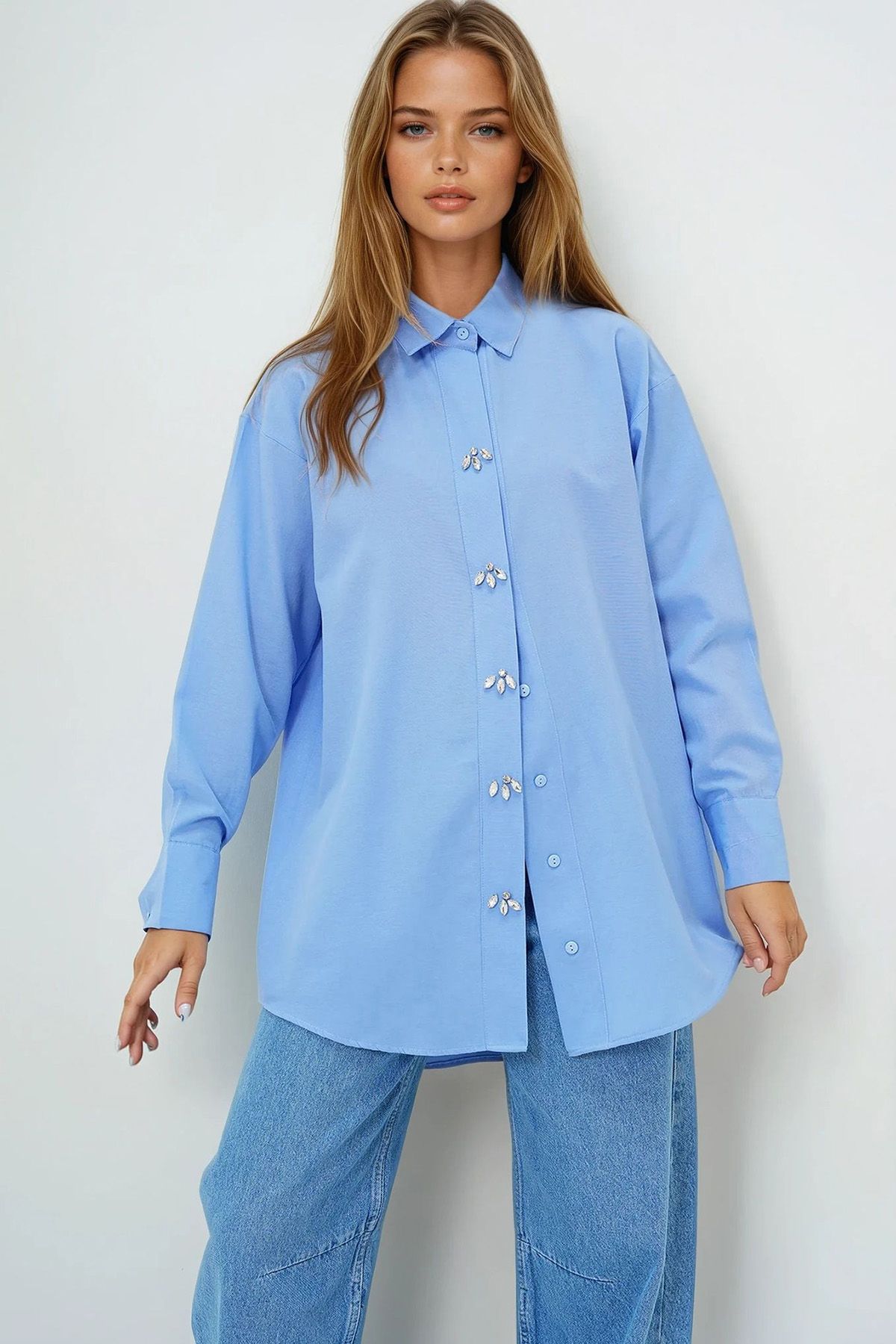 VAGGON Taş Düğmeli Oversize Poplin Gömlek