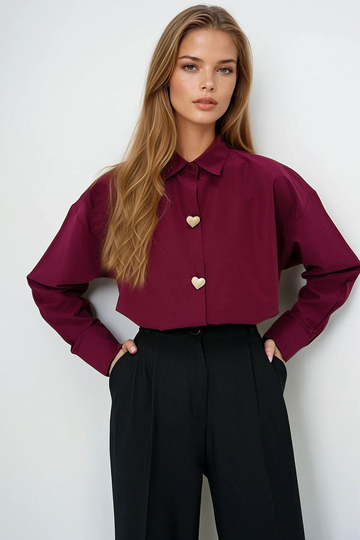 VAGGON Kalp Düğmeli Oversize Poplin Gömlek
