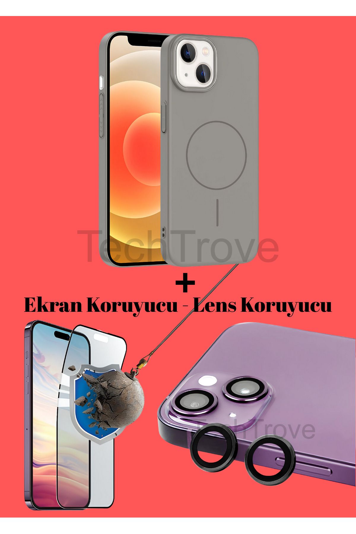 TechTrove Apple iphone 14 Kılıf Magsafe Özellikli Kamera Koruma ve Ekran Koruyucu 3'lü Set