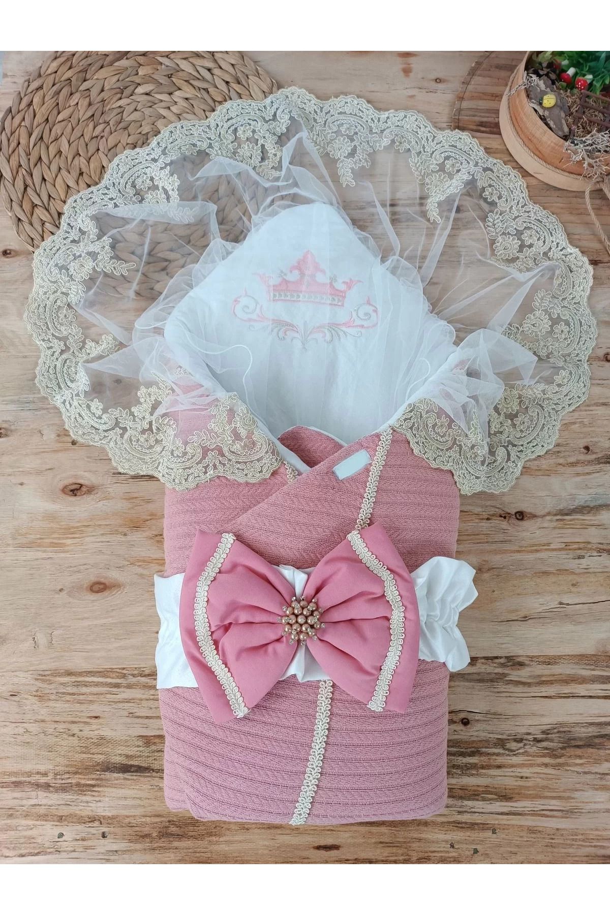 yusuftex Yenidoğan Tericotton Örgülü Trilüx Bebek Battaniyesi Kundak Gül Kurusu