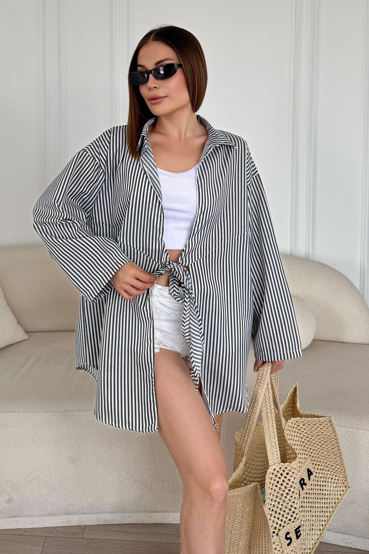 bb butik basic Özel Seri Oversize Bağlamalı Kimono Gömlek B6547