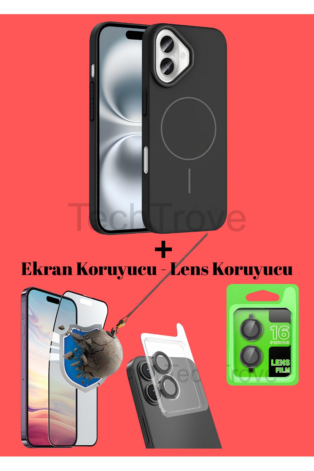 TechTrove Apple iphone 16 Plus Kılıf Magsafe Özellikli Kamera Koruma ve Ekran Koruyucu 3'lü Set
