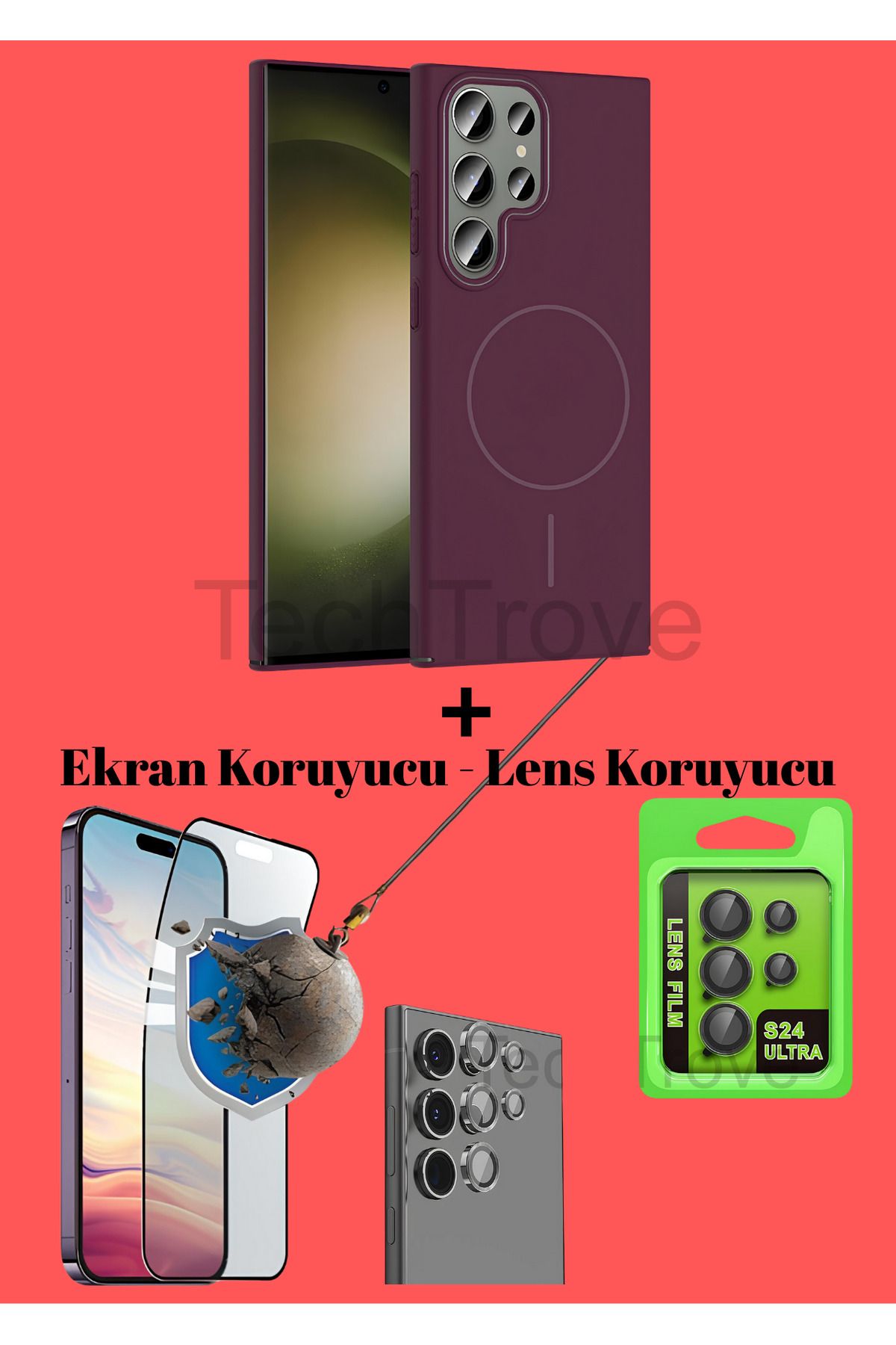 TechTrove Samsung Galaxy S24 Ultra Kılıf Magsafe Özellikli Kamera Koruma ve Ekran Koruyucu 3'lü Set