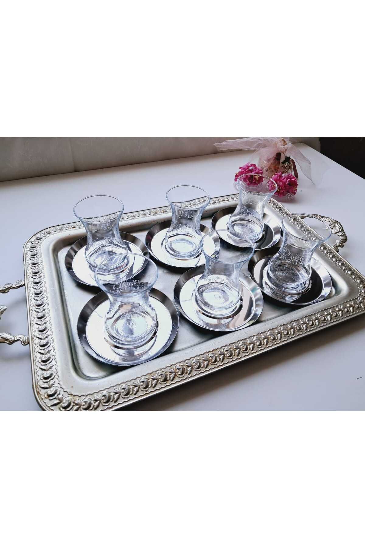 Elk Home PASLANMAZ ÇELİK GÜMÜŞ RENK YUVARLAK 6 ADET ÇAY TABAĞI BARDAK ALTLIĞI