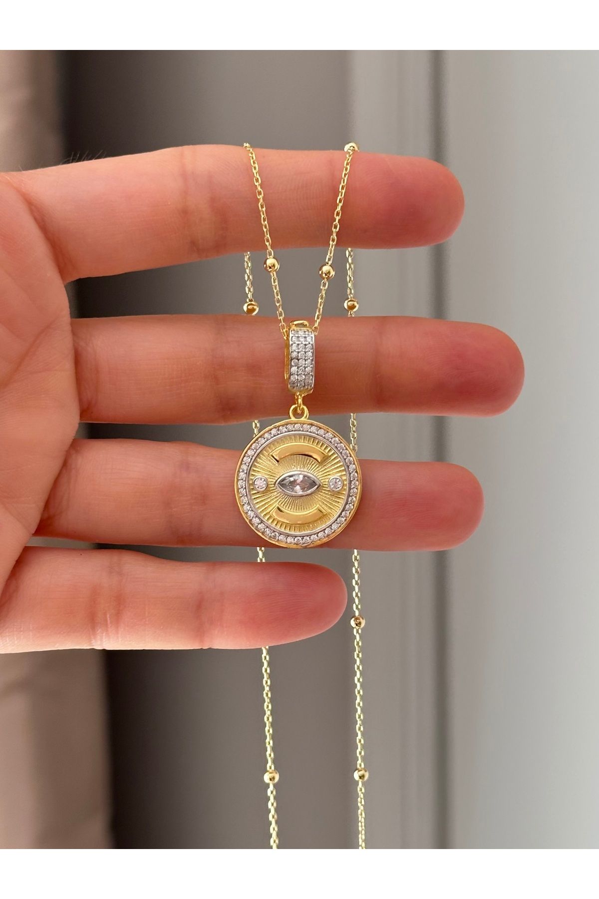 emy by emel luxury silver jewelry Altın Kaplama Toplu Zincirli Göz Kolye 925 Ayar Gümüş