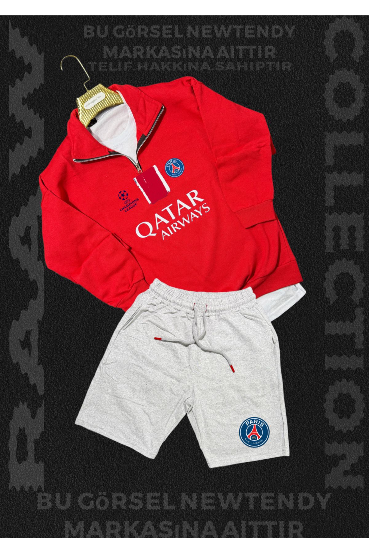 Minikelya Paris Sweatshirt yazlık takım dik yaka Üst penye şort alt Şampiyonlar Ligi Logolu 2li kombin