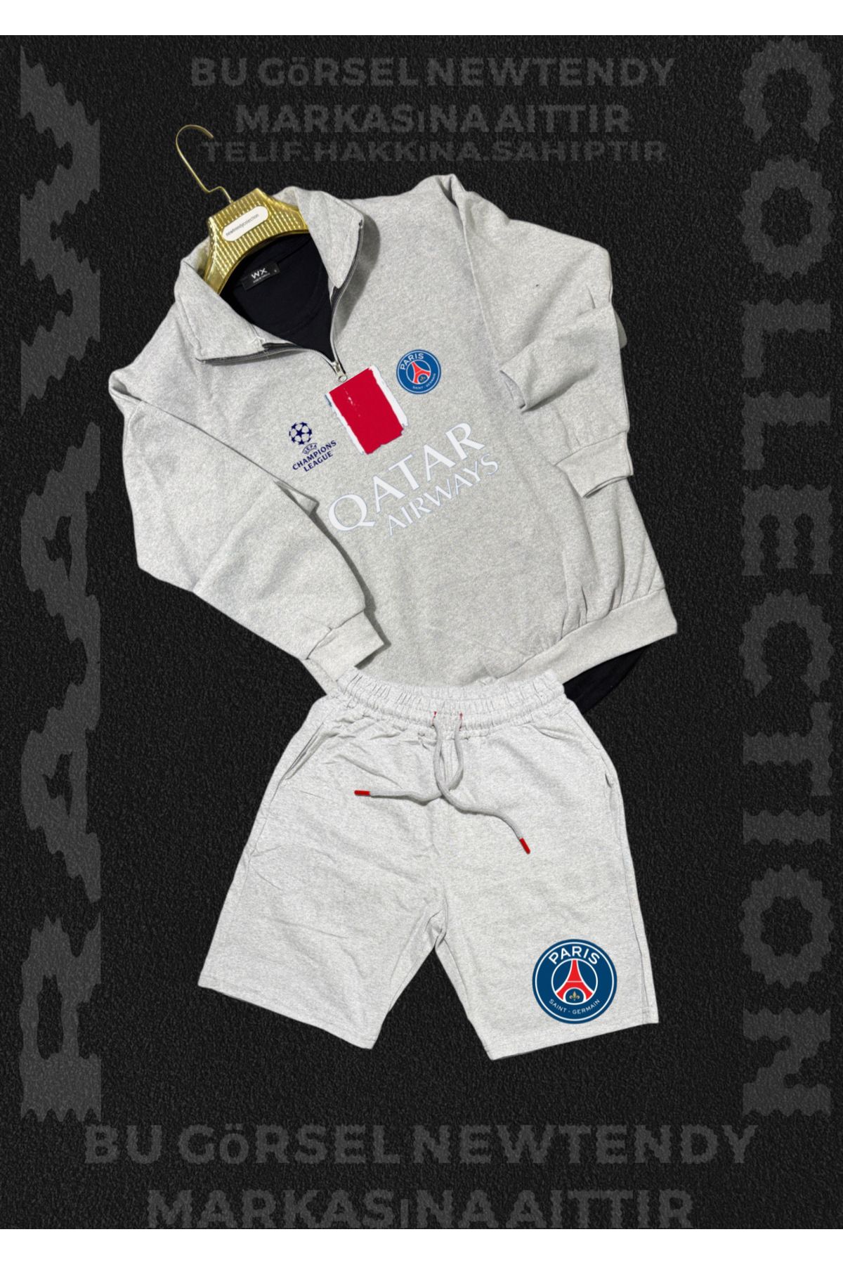 Minikelya Paris Sweatshirt yazlık takım dik yaka Üst penye şort alt Şampiyonlar Ligi Logolu 2li kombin