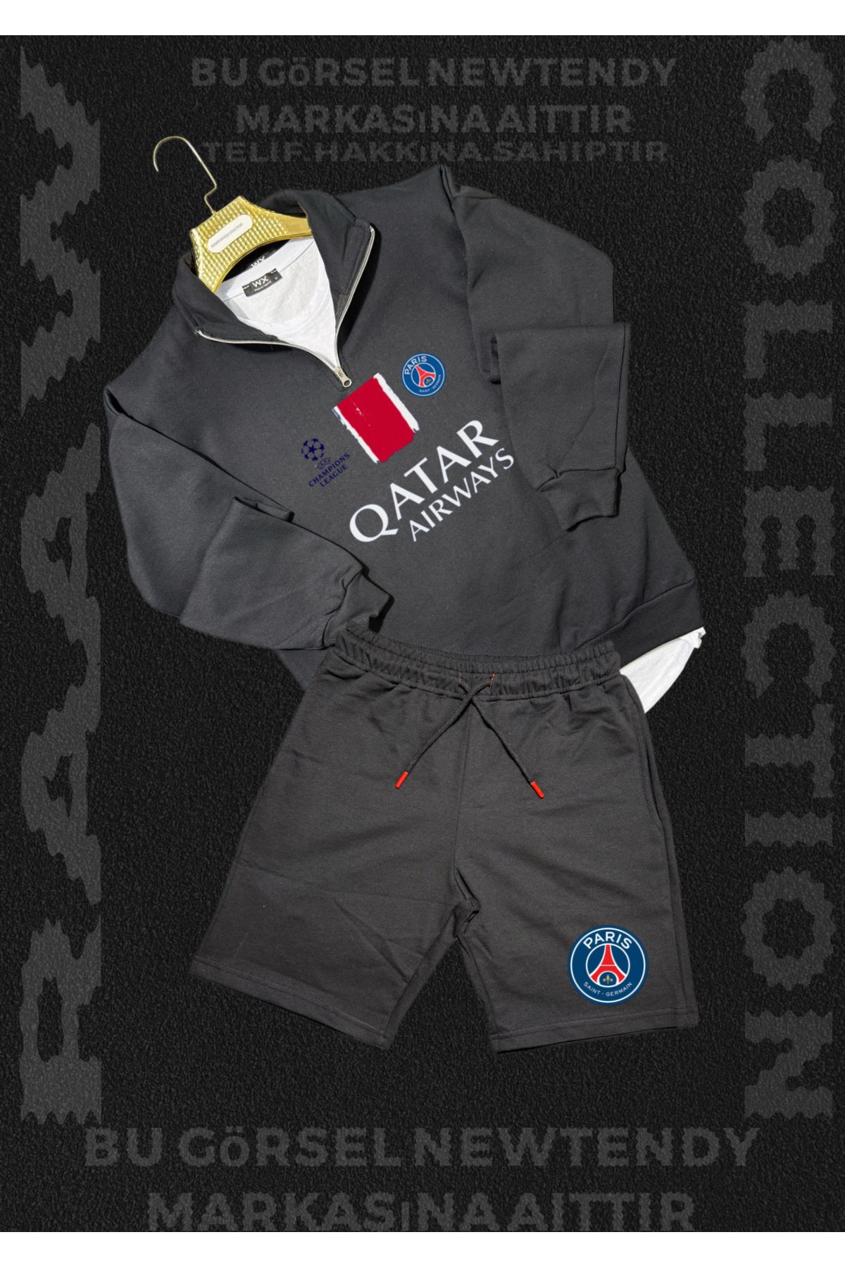 Minikelya Paris Sweatshirt yazlık takım dik yaka Üst penye şort alt Şampiyonlar Ligi Logolu 2li kombin