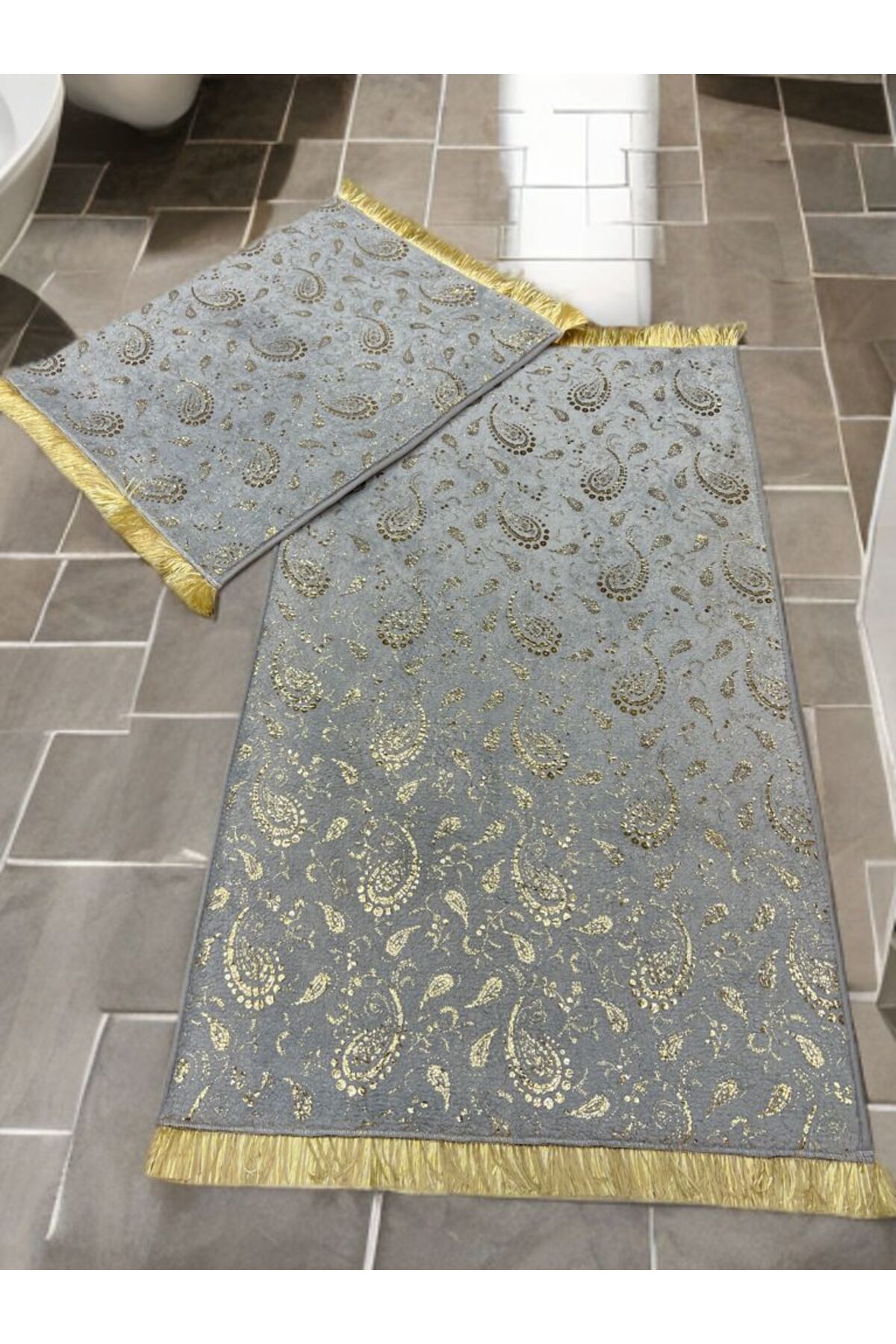 Salteks Varak Paskılı Saçakılı Banyo paspas Takımı kaymaz Taban İkili Klozet Takımı