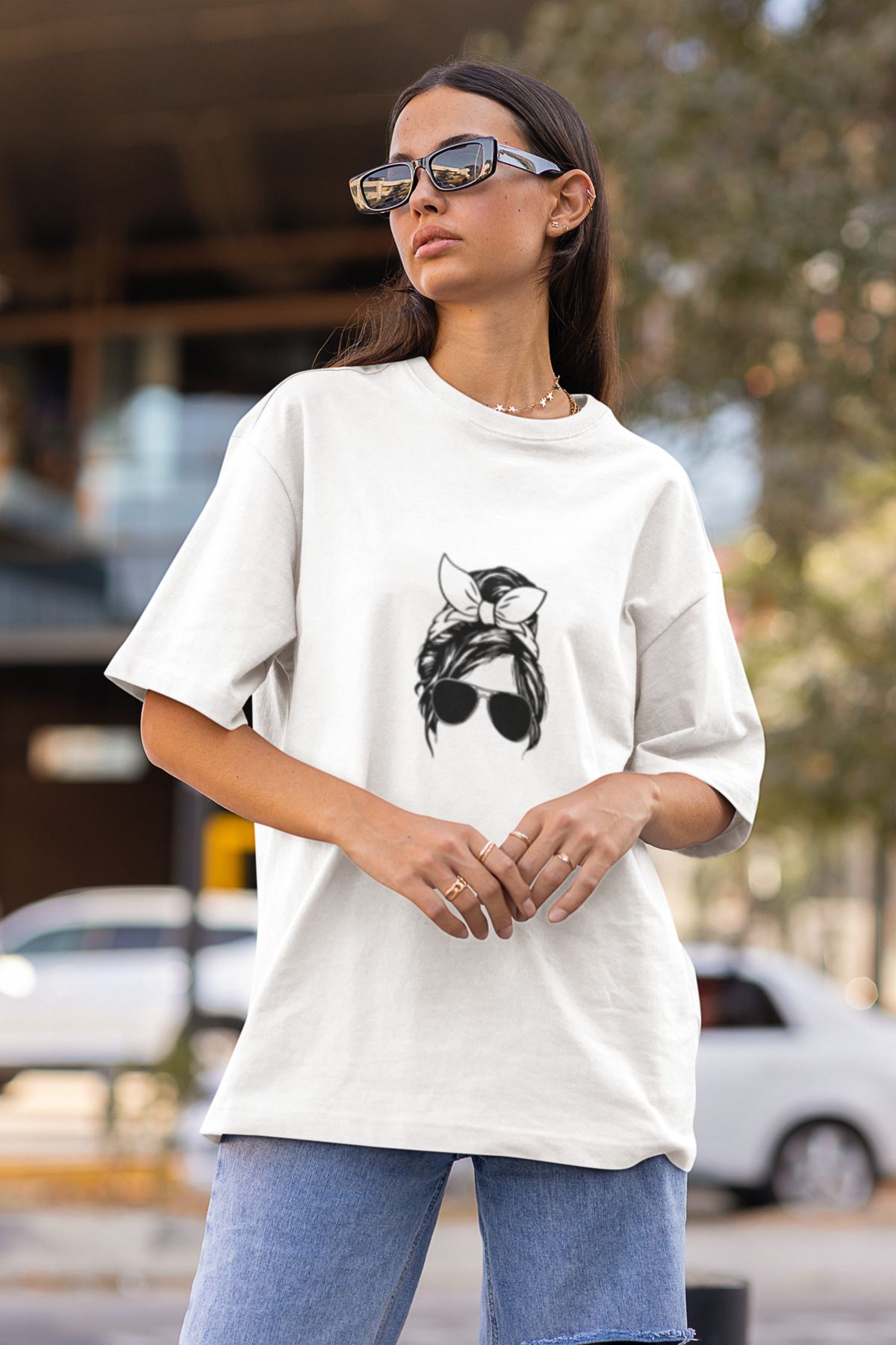 MG KADIN BASKILI KADIN BİSİKLET YAKA PAMUKLU OVERSIZE KALIP KISA KOLLU T-SHIRT