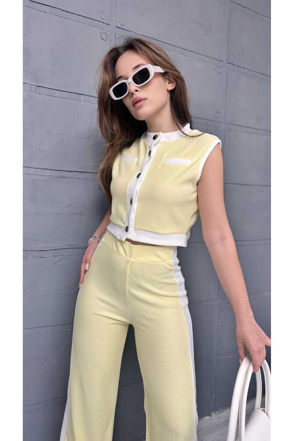 Butik Merrline kadın garnili sıfır kol düğmeli yelekli yüksek bel likralı geniş paça pantolon ikili takım