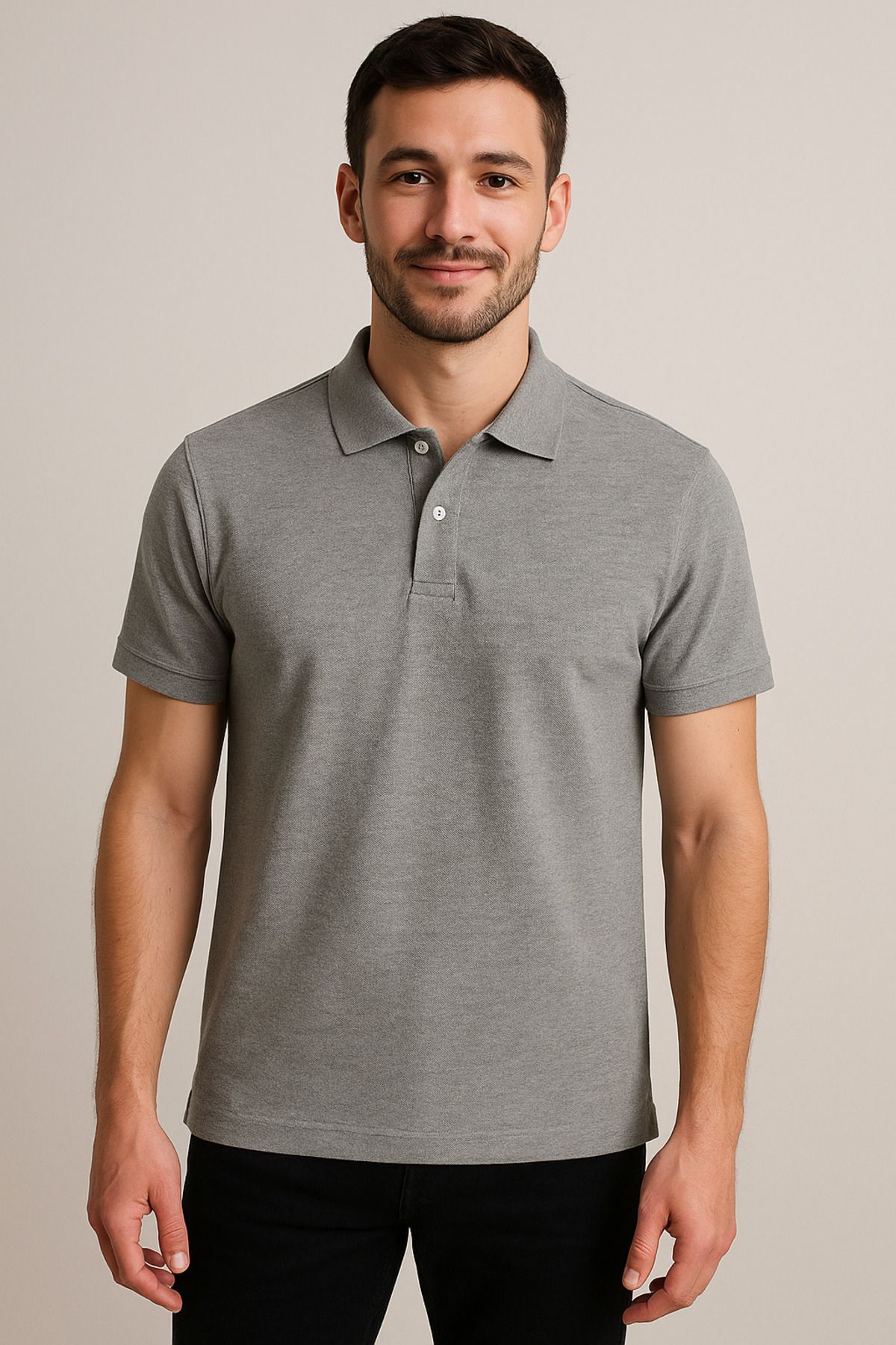 LeiraGYM Casual Erkek T-Shirt - Polo Yaka, Gri Renk, Slim Fit