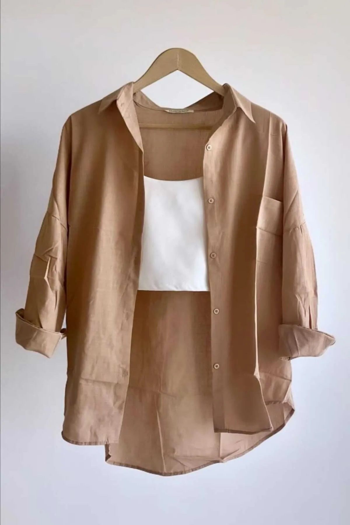 NVFashion Oversize Keten Dokulu %100 Pamuk Salaş Kahverengi Gömlek
