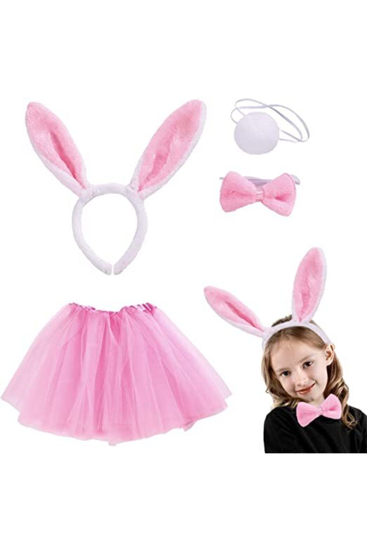 Avantaj Kapıda ® Tavşan Tacı Eteği Papyonu ve Kuyruk Kostüm Seti Pembe Renk Çocuk Boy (Parti Temalı)