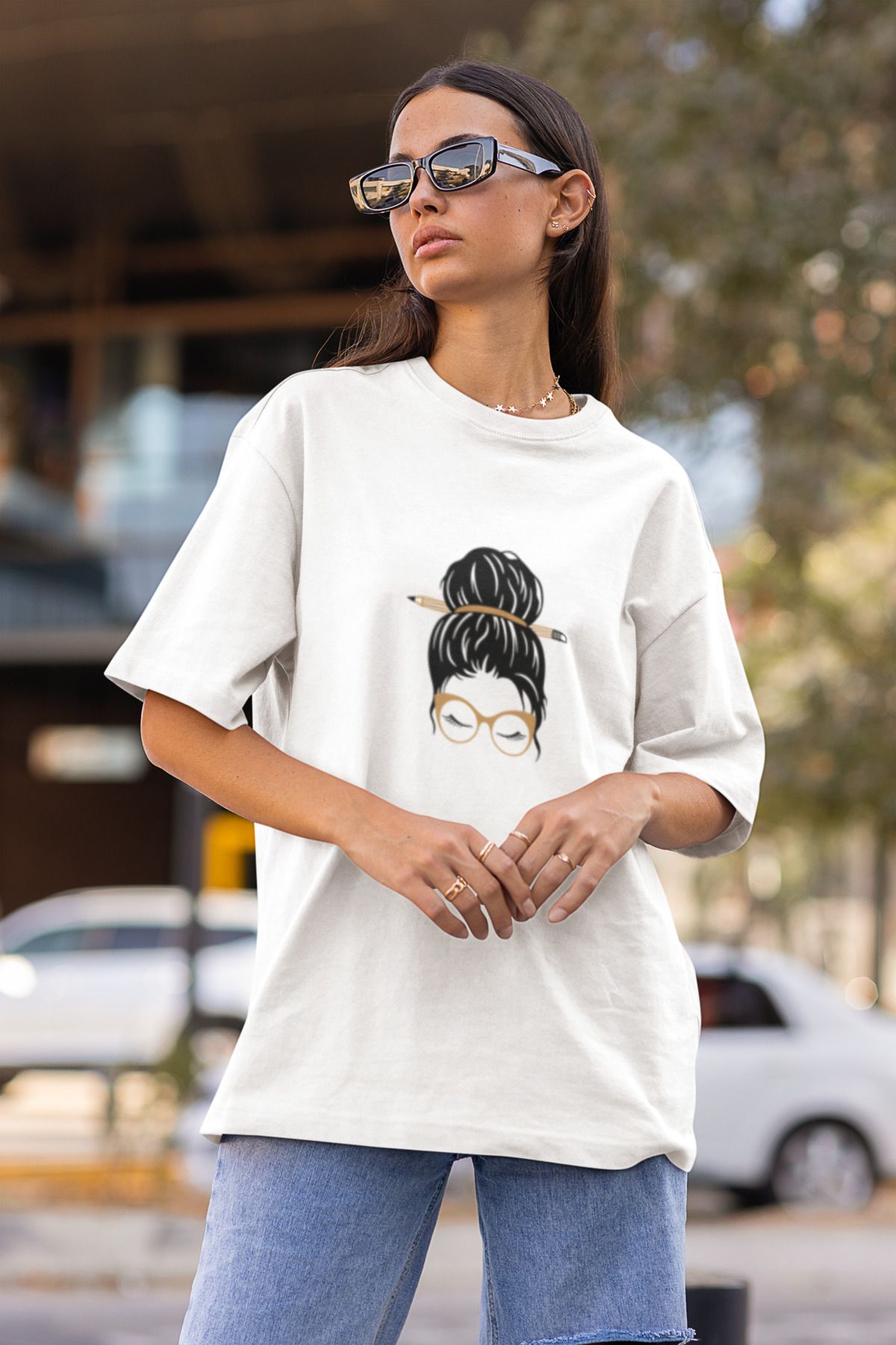 MG KADIN BASKILI KADIN BİSİKLET YAKA PAMUKLU OVERSIZE KALIP KISA KOLLU T-SHIRT