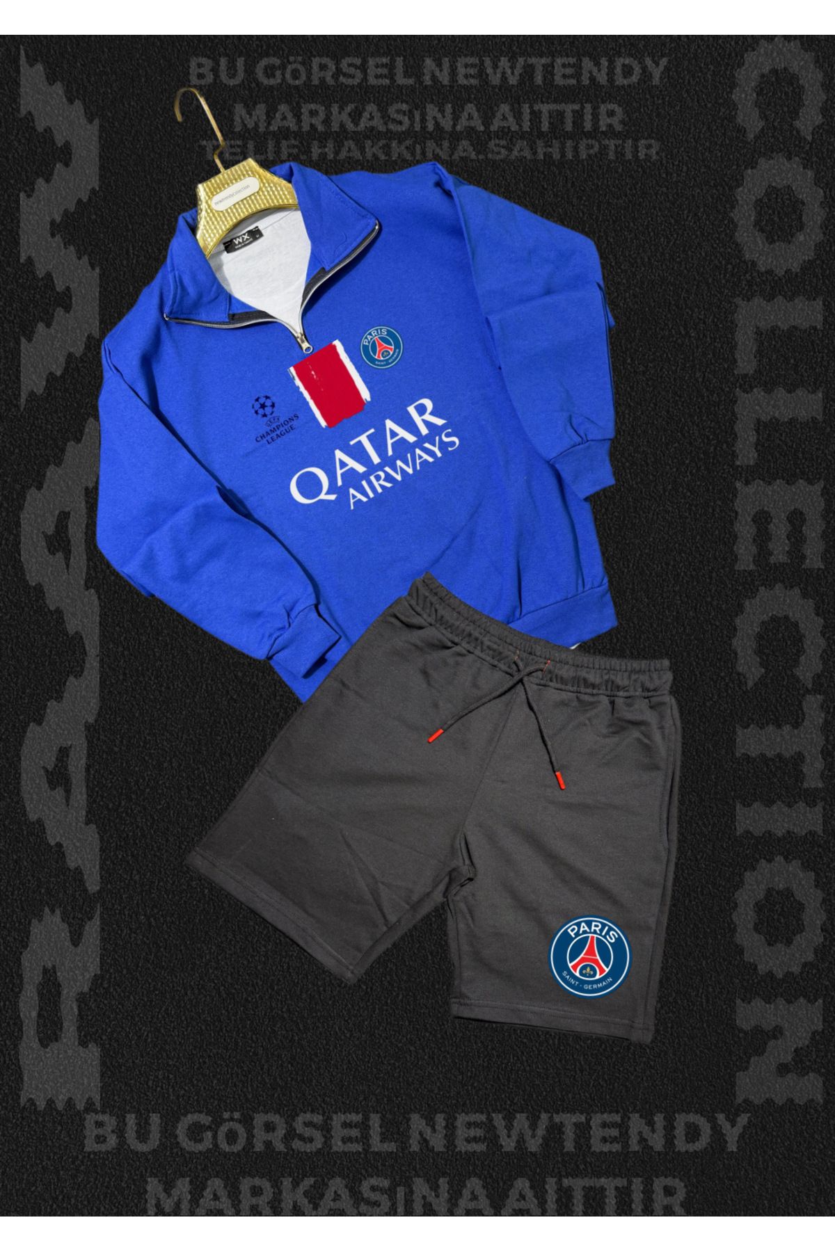 Minikelya Paris Sweatshirt yazlık takım dik yaka Üst penye şort alt Şampiyonlar Ligi Logolu 2li kombin