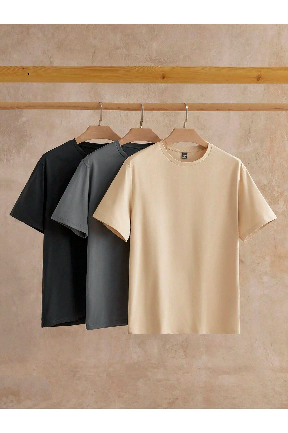 macklin Unisex Basic Oversize Siyah, Bej, Duman Gri Renk T-shirt 3 lü Paket