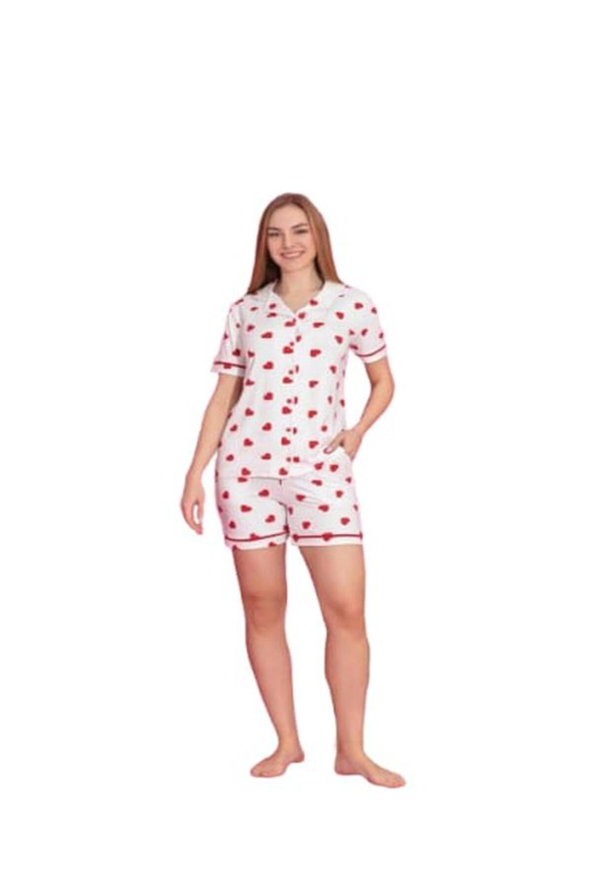 Tarık Kadın Milan Kumaş Boydan Düğme Gömlek Yaka Beyaz Kalp Desenli Şortlu Pijama Takımı