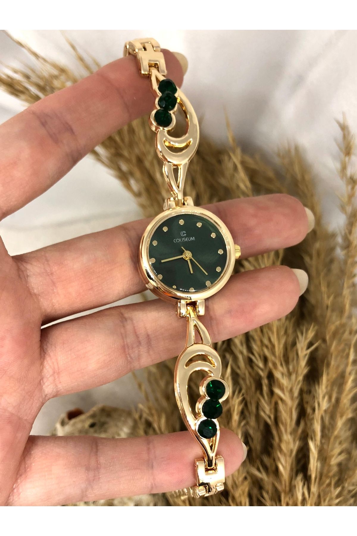 TD TRENDDURAGI Yuvarlak Tasarım Yeşil Taşlı Gold Kadın Kol Saati