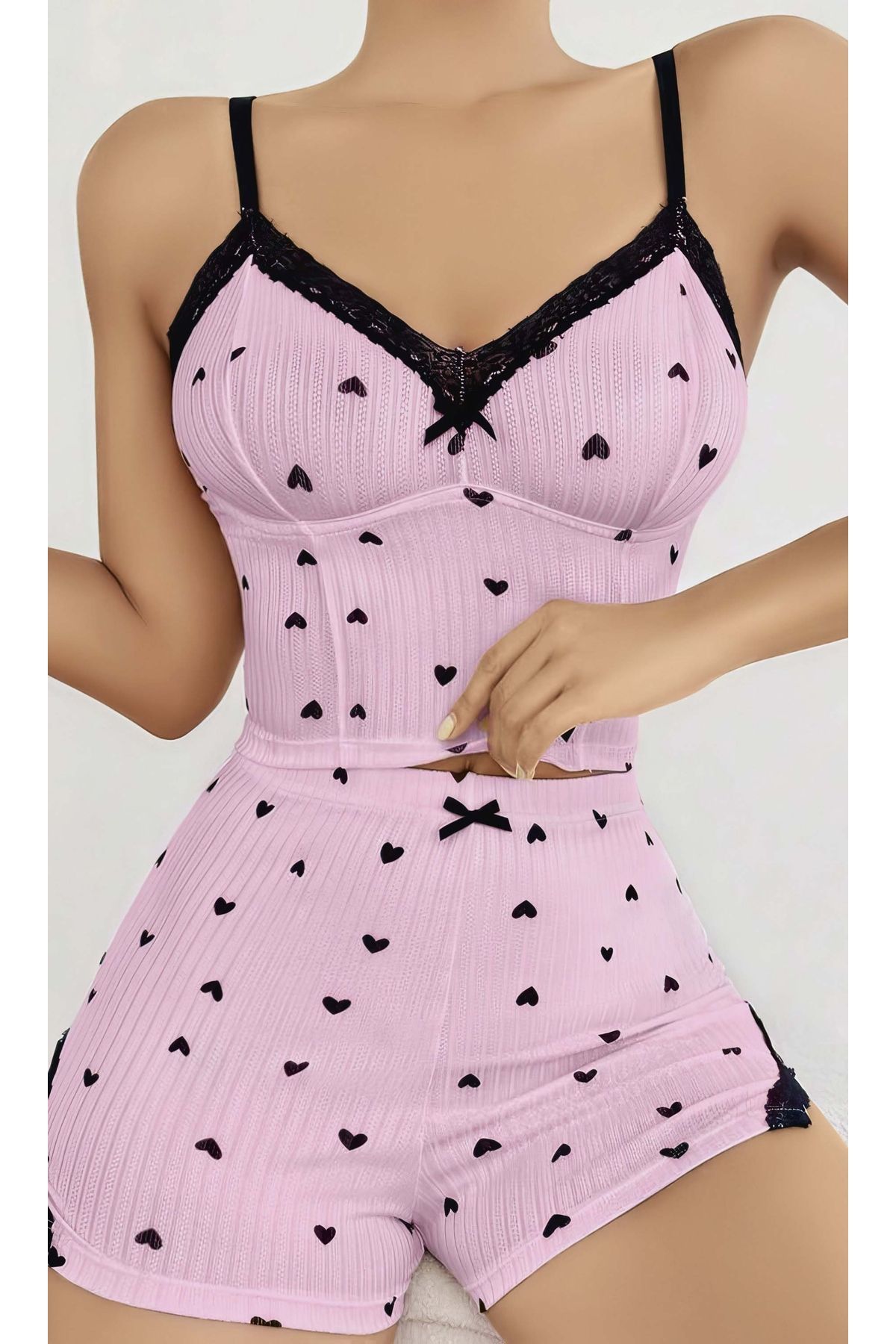 mtm My The Mall Kadın Pembe Kalp Desenli Askılı Şortlu Pijama Takım