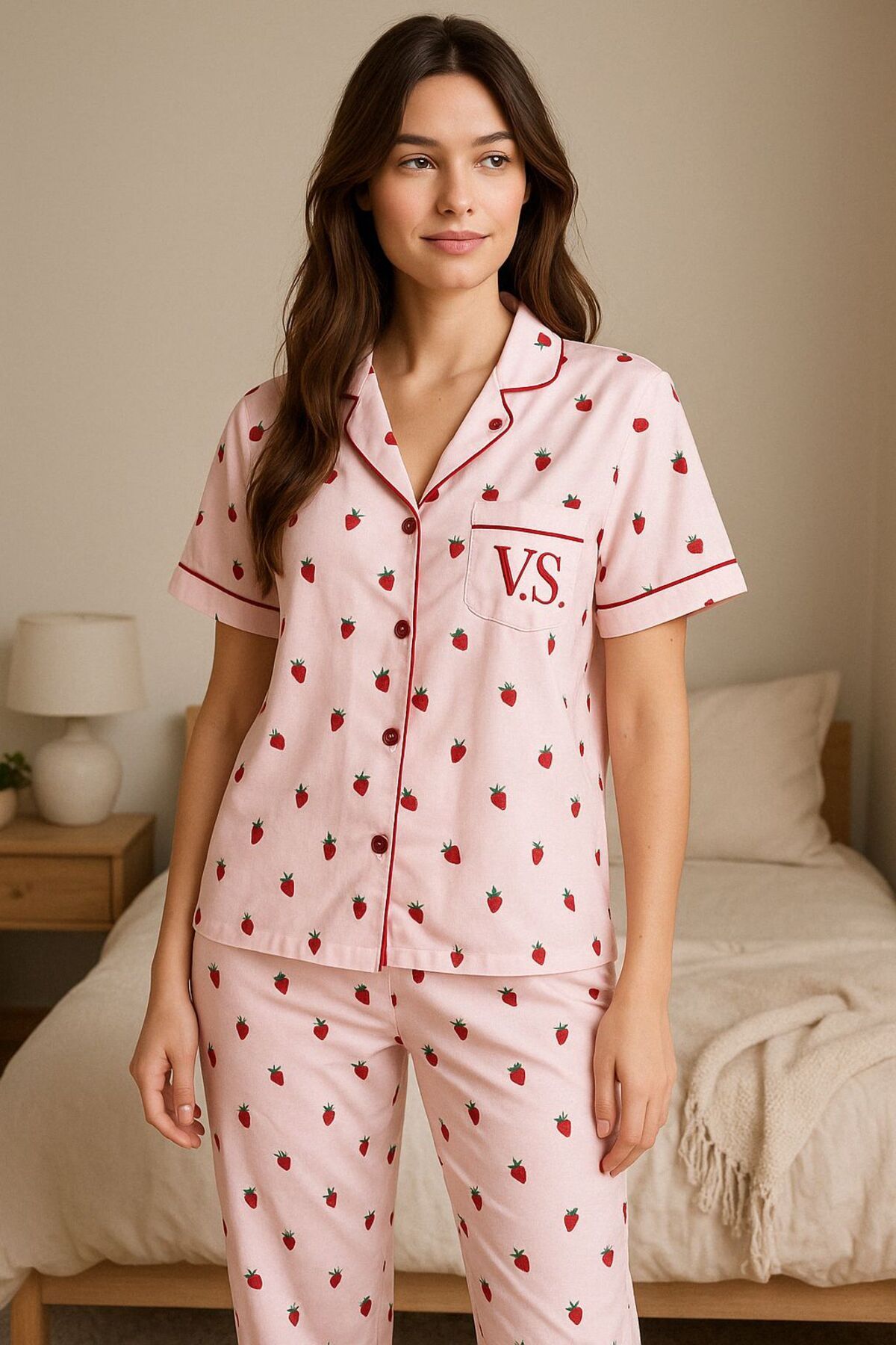 FENZO Kadın Pembe Çilek Desenli Pamuklu Viskon Pijama Takımı Kısa Kollu Üst Uzun Pijama Alt Rahat Homewear