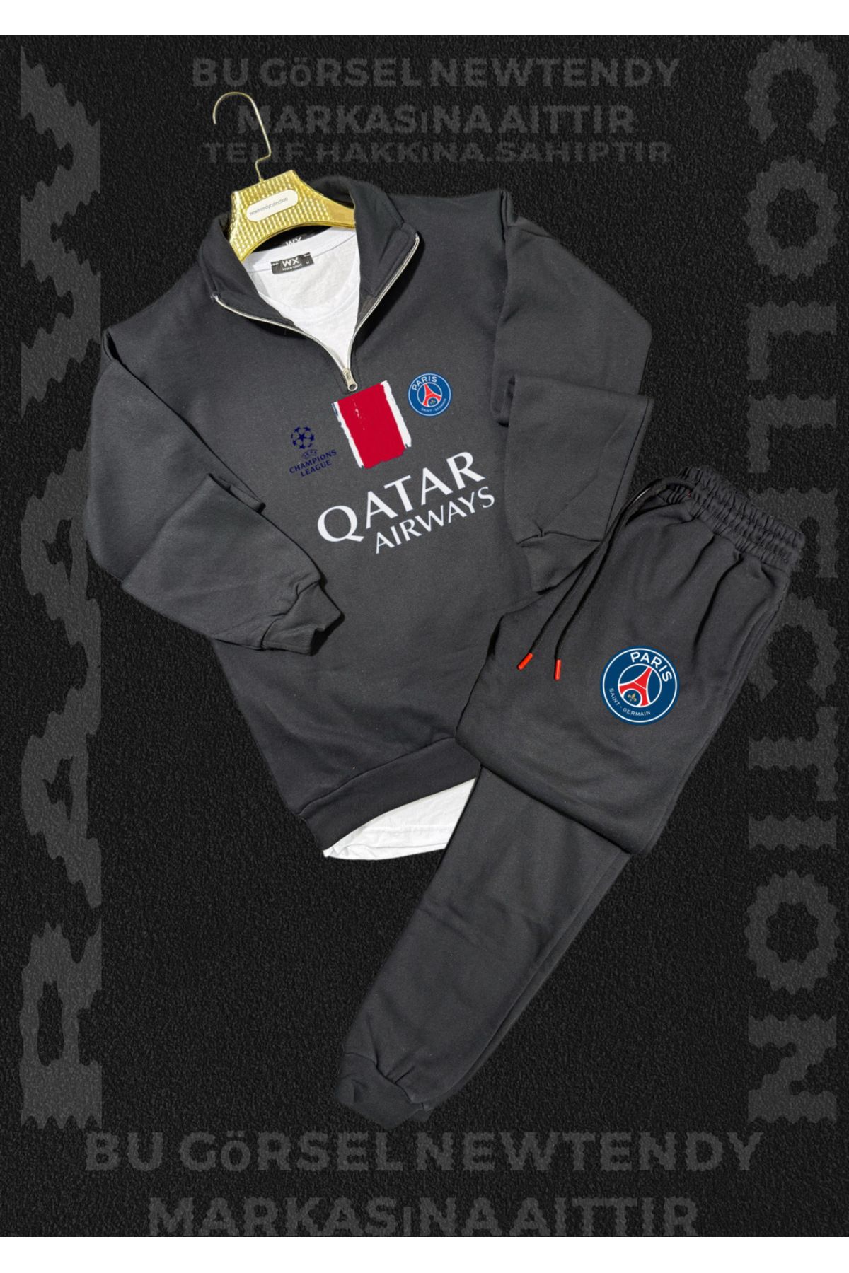 Minikelya Paris Sweatshirt yazlık takım dik yaka Üst penye şort alt Şampiyonlar Ligi Logolu 2li kombin