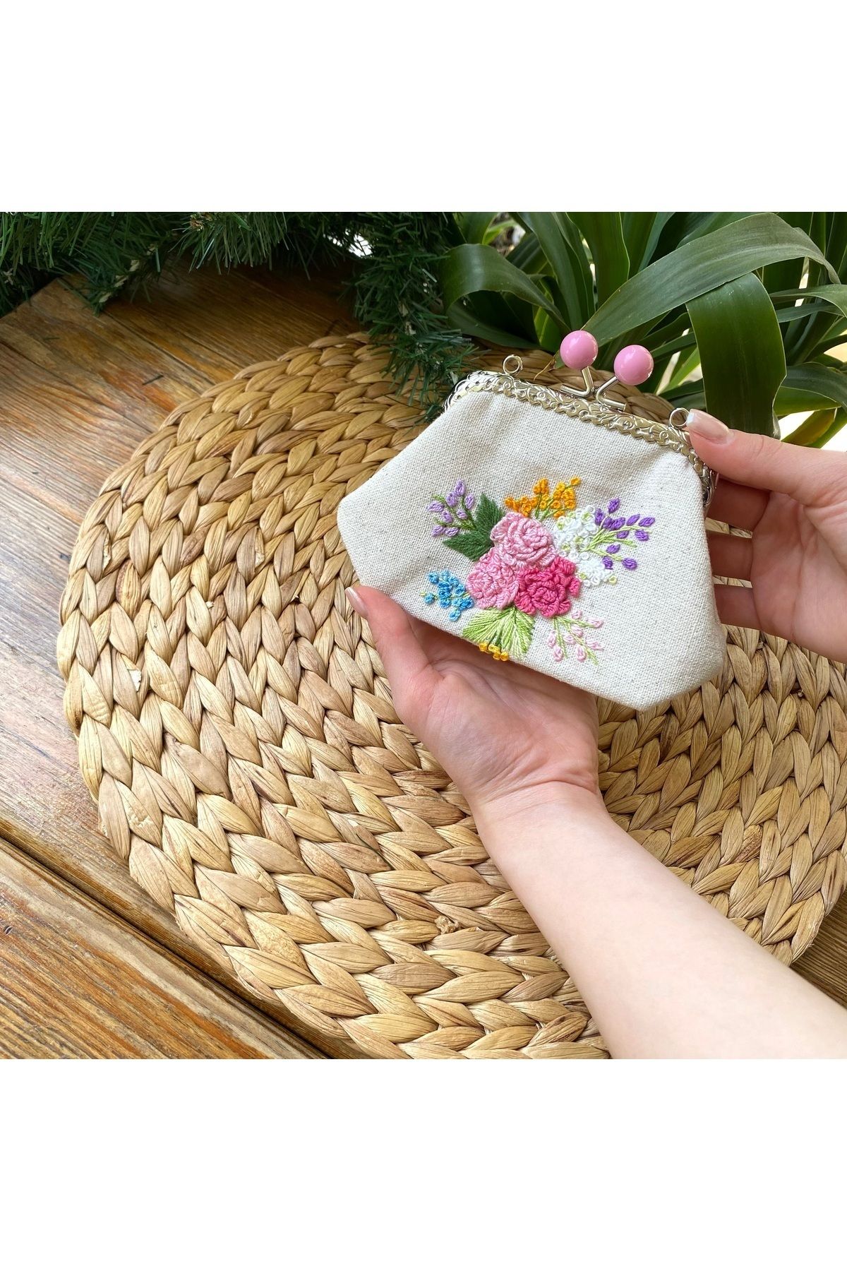 Home Mini Cüzdan Krem Keten El Işlemeli Vintage Tarzı Mini Cüzdan. 15x10 Ölçülerinde %100 El Emeği