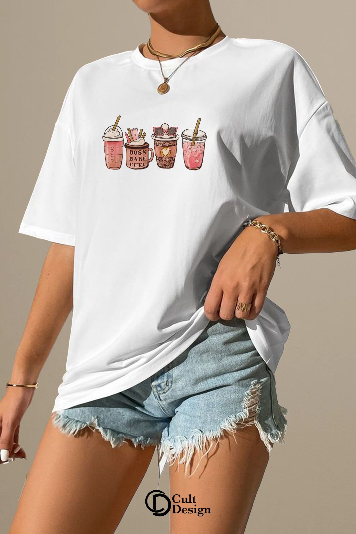 CULTDESİGN BARDAK BASKI DETAYLI UNİSEX model Özel Premium Baskılı Basic, Organik Pamuklu, Bisiklet Yaka T-Shirt