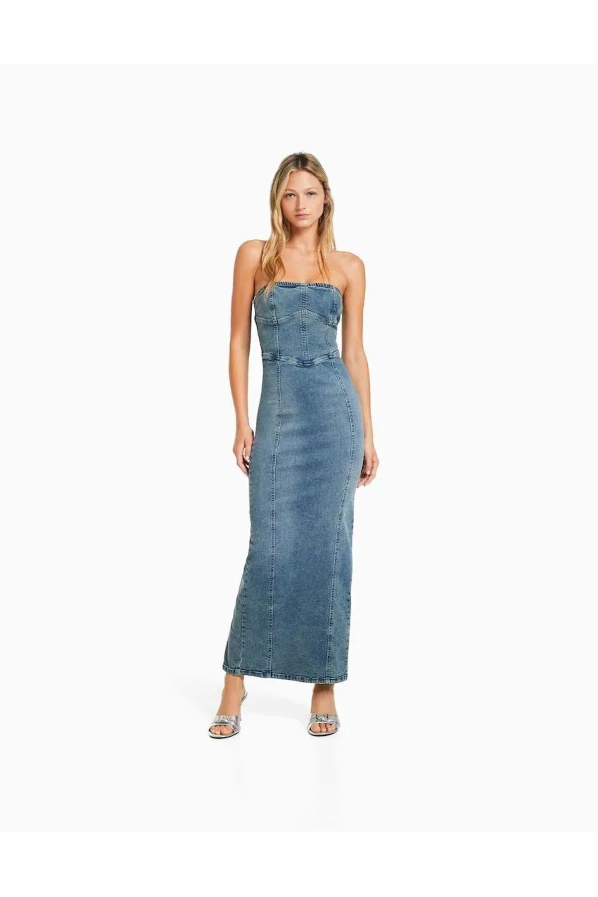 Butik ALLBUCKS BERSH KA Straplez Yırtmaçlı Streç Uzun Midi Denim Elbise Abbrs0010