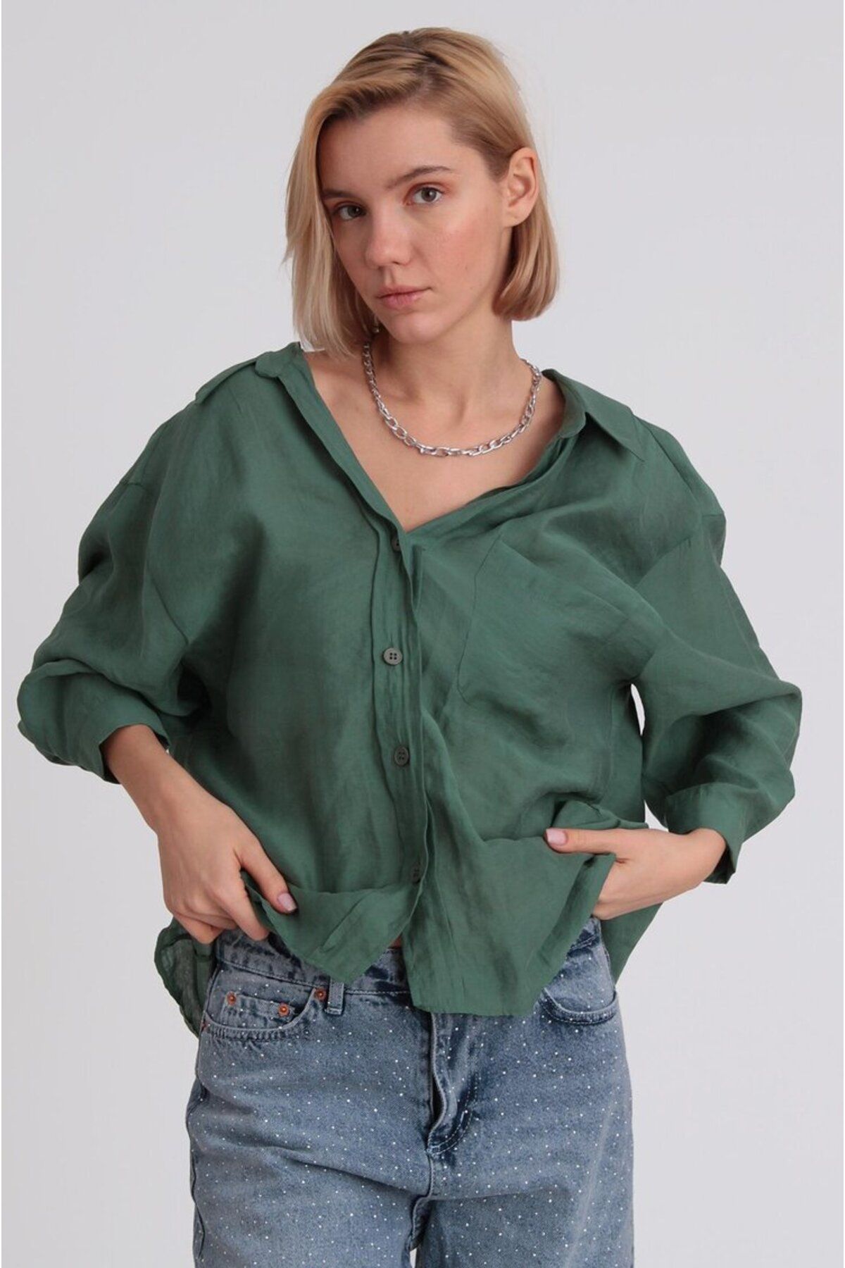 MAFE FASHION DÜŞÜK OMUZLU OVERSIZE GÖMLEK ZÜMRÜT