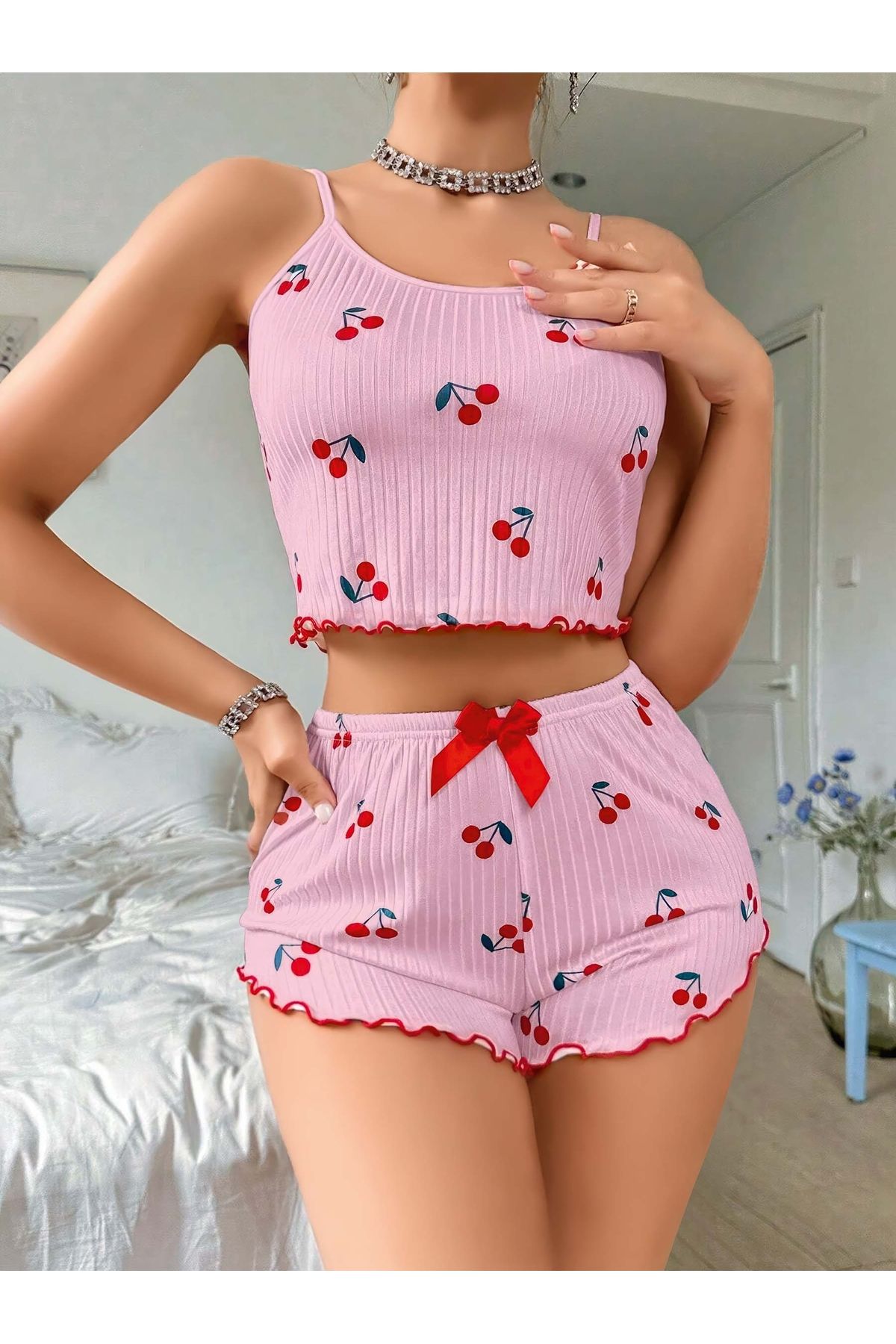 mtm My The Mall Kadın Pembe Kiraz Desenli Askılı Şortlu Pijama Takım