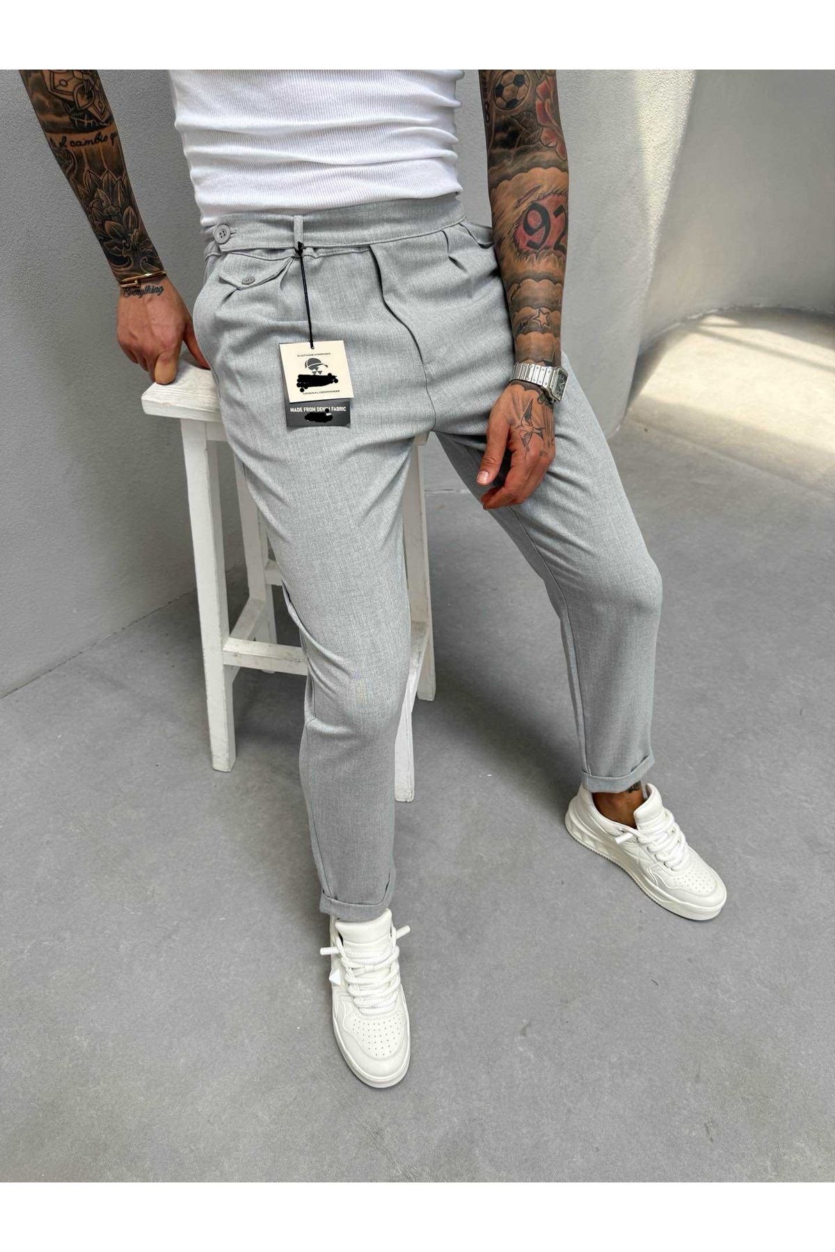 Denim Shorty Boyfriend Gri Renk Pileli Kumaş Pantolon