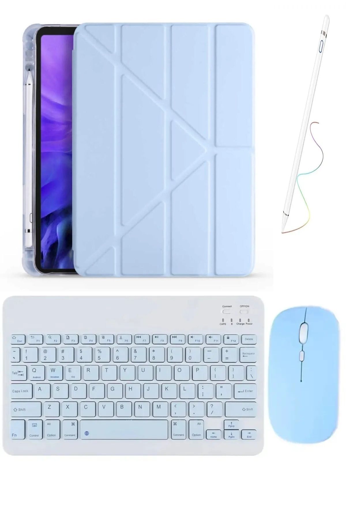 Covpor Apple iPad 7. 8. ve 9. NESİL Uyumlu 10.2 İNÇ Uyumlu Trifolding Kılıf+Klavye Mouse+Kalem MAVİ