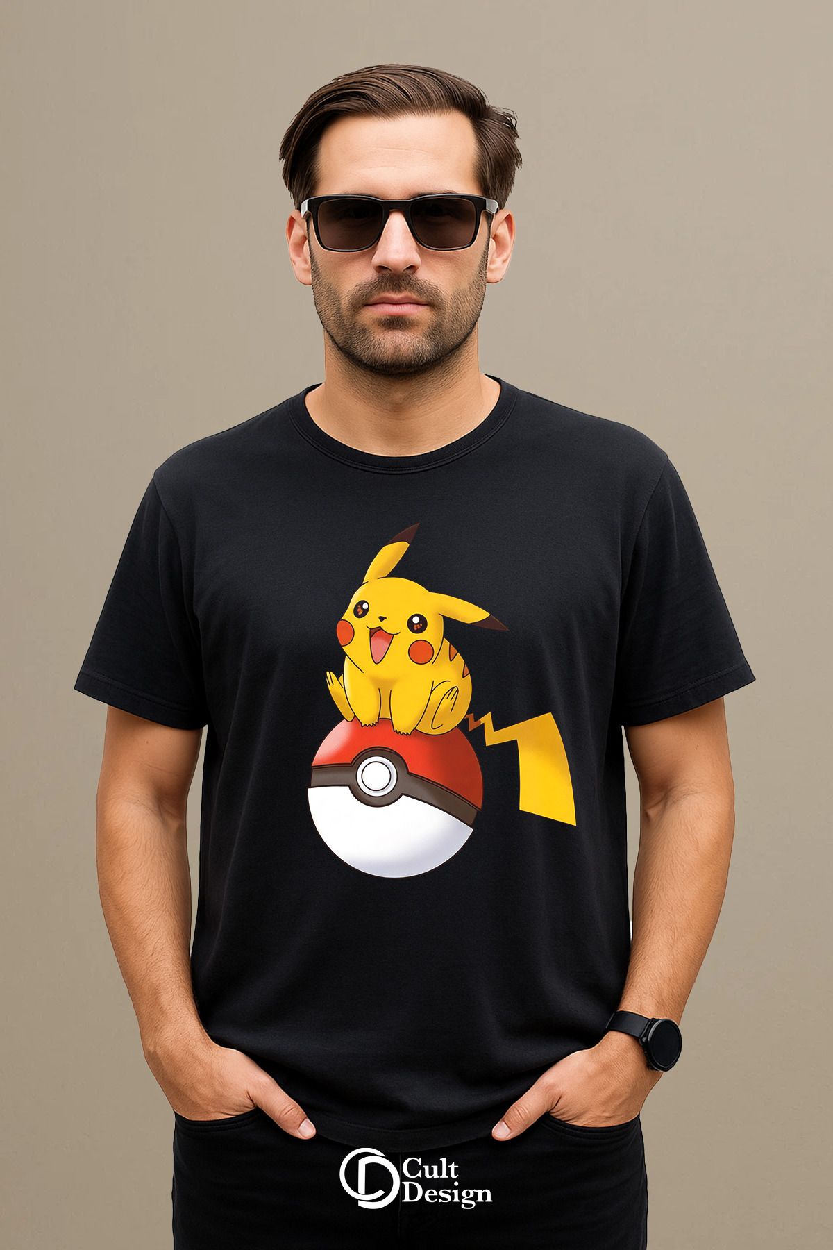 CULTDESİGN PİCKACHU DETAYLI UNİSEX Premium Baskılı Basic, Organik Pamuklu, Bisiklet Yaka T-Shirt