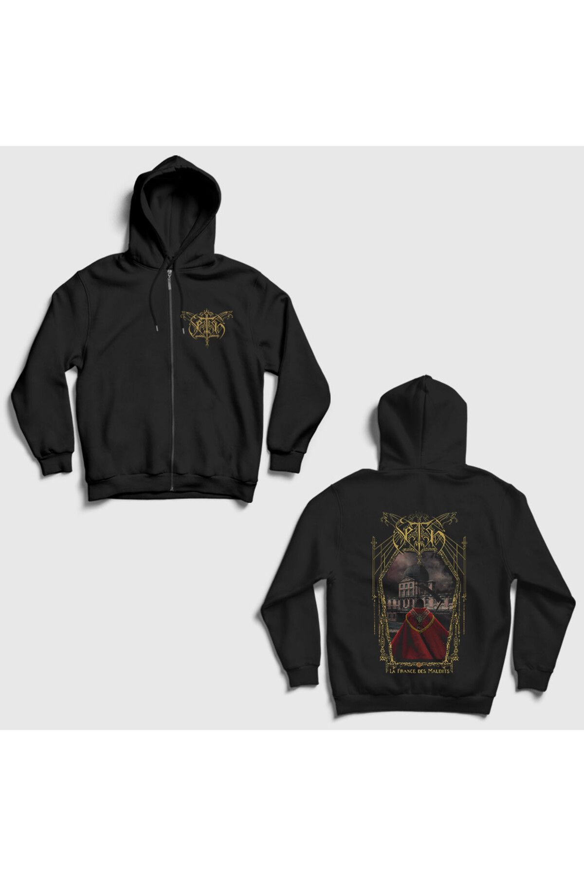 Presmono Unisex Siyah La France Des Maudits Seth Sırt Baskılı Fermuarlı Kapüşonlu Sweatshirt 543593tt