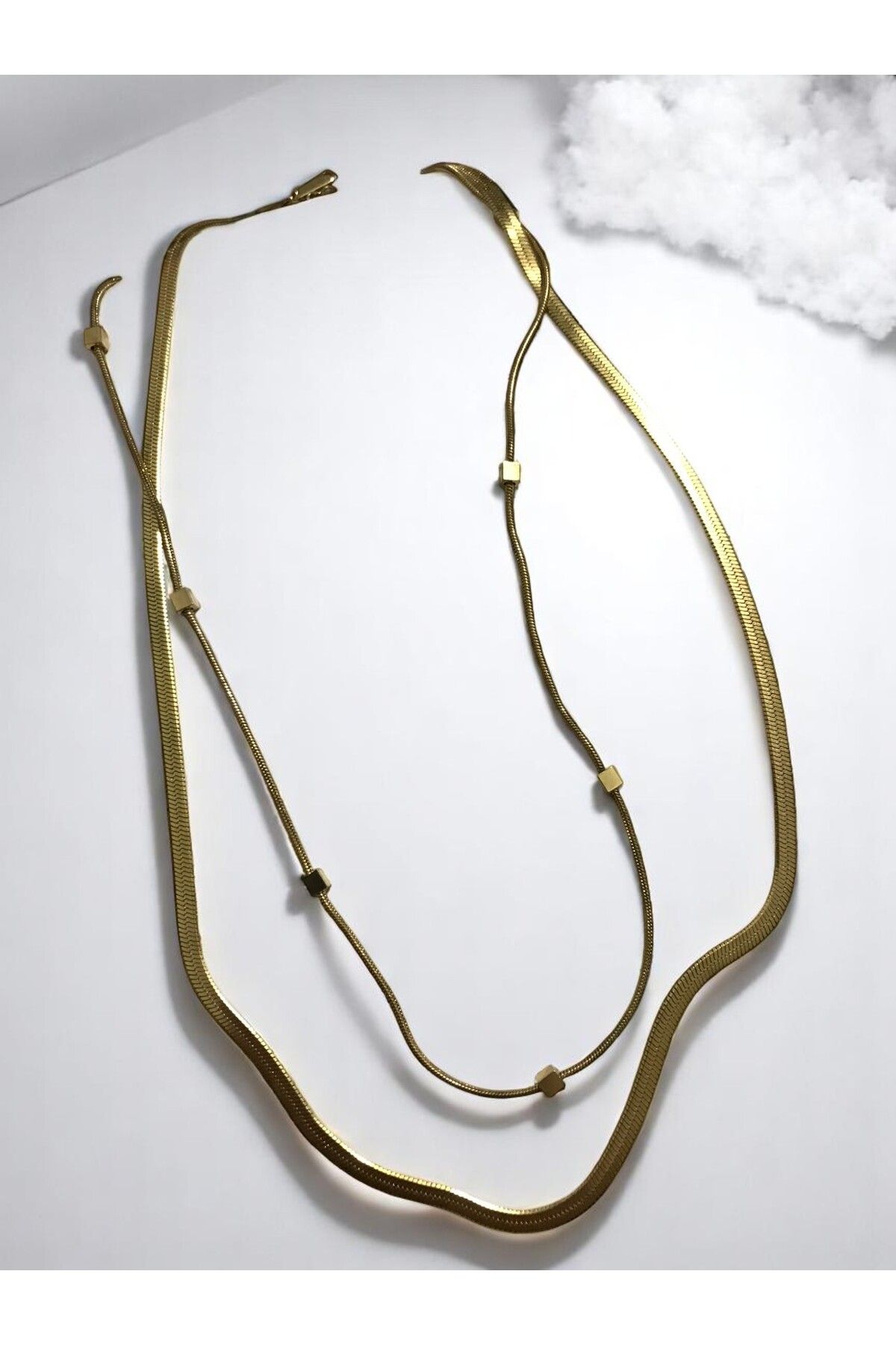 shop 316 L PASLANMAZ ÇELİK GOLD KAPLAMA İNCE ÖRME ZİNCİRLİ İKİLİ KOLYE KARARMAZ PARLAK