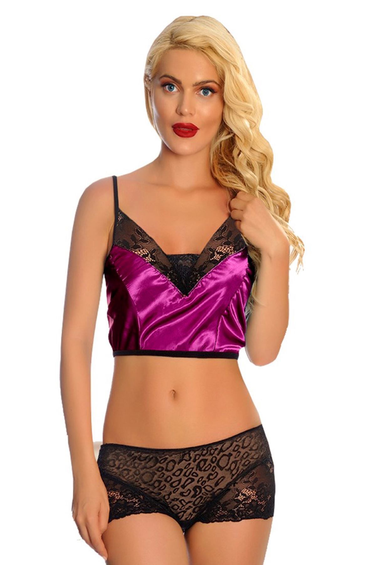 Ayaz World Mor Saten Dantelli Babydoll Şortlu Takım - AYZ2722-7112
