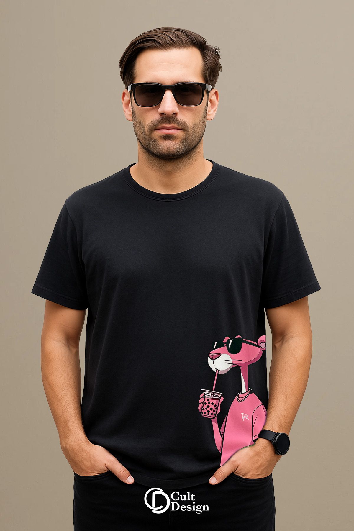CULTDESİGN PEMBE PANTER DETAYLI UNİSEX Premium Baskılı Basic, Organik Pamuklu, Bisiklet Yaka T-Shirt