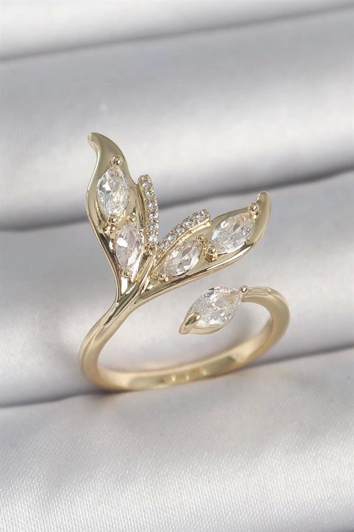 Merev Pirinç Gold Renk Zirkon Taşlı Balık Kuyruğu Model Ayarlanabilir Model Kadın Yüzük