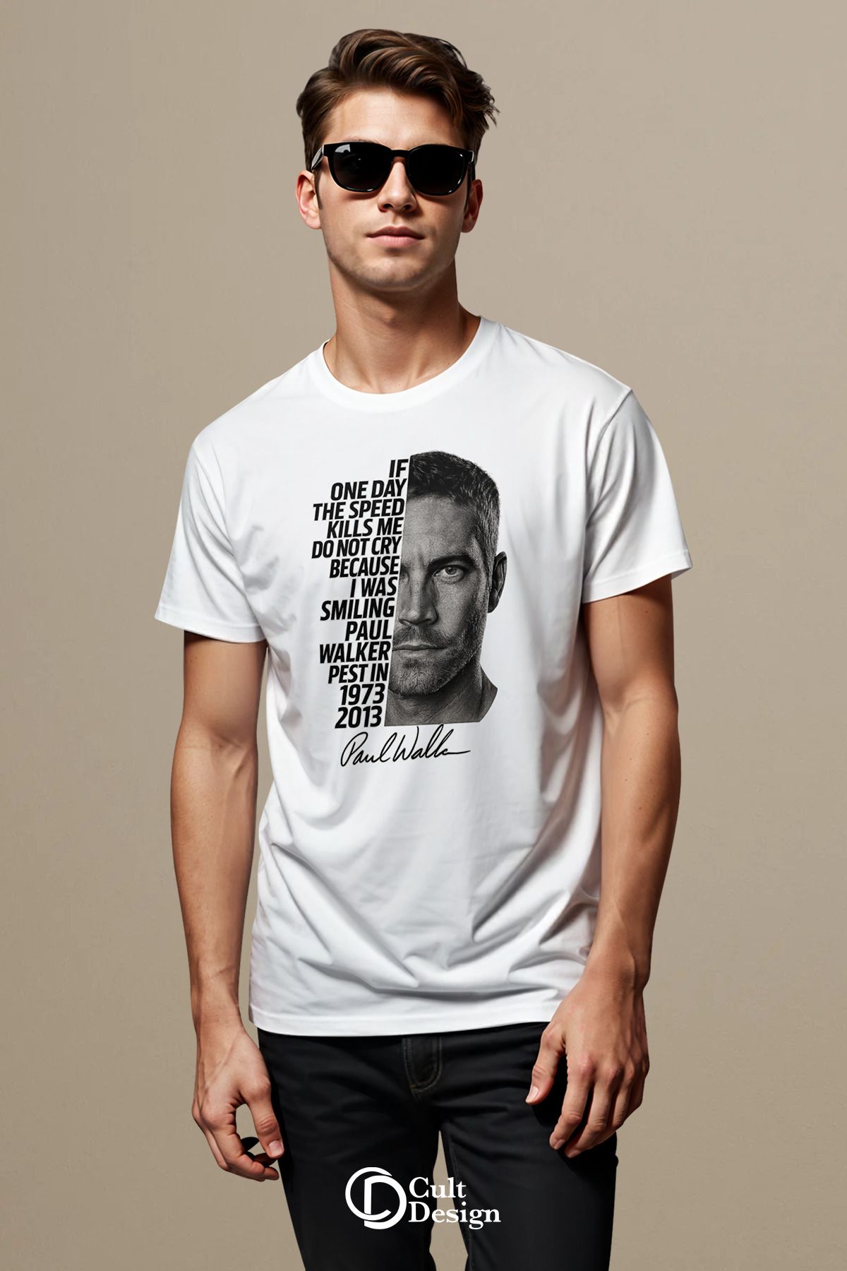 CULTDESİGN PAUL WALKER DETAYLI UNİSEX Premium Baskılı Basic, Organik Pamuklu, Bisiklet Yaka T-Shirt