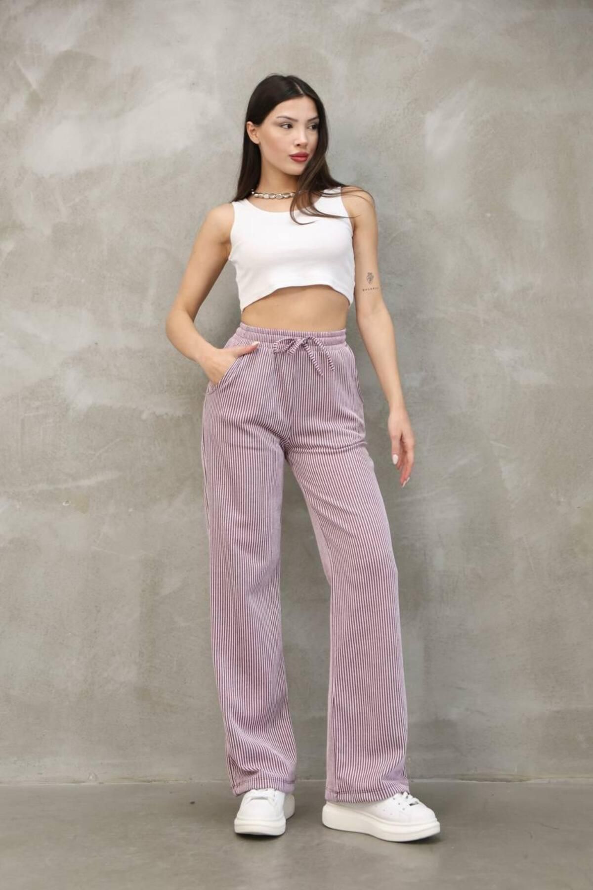 Moda Banuş Su Yolu Desen Çizgili Baharlık Rahat-Tam Kalıp Pantolon