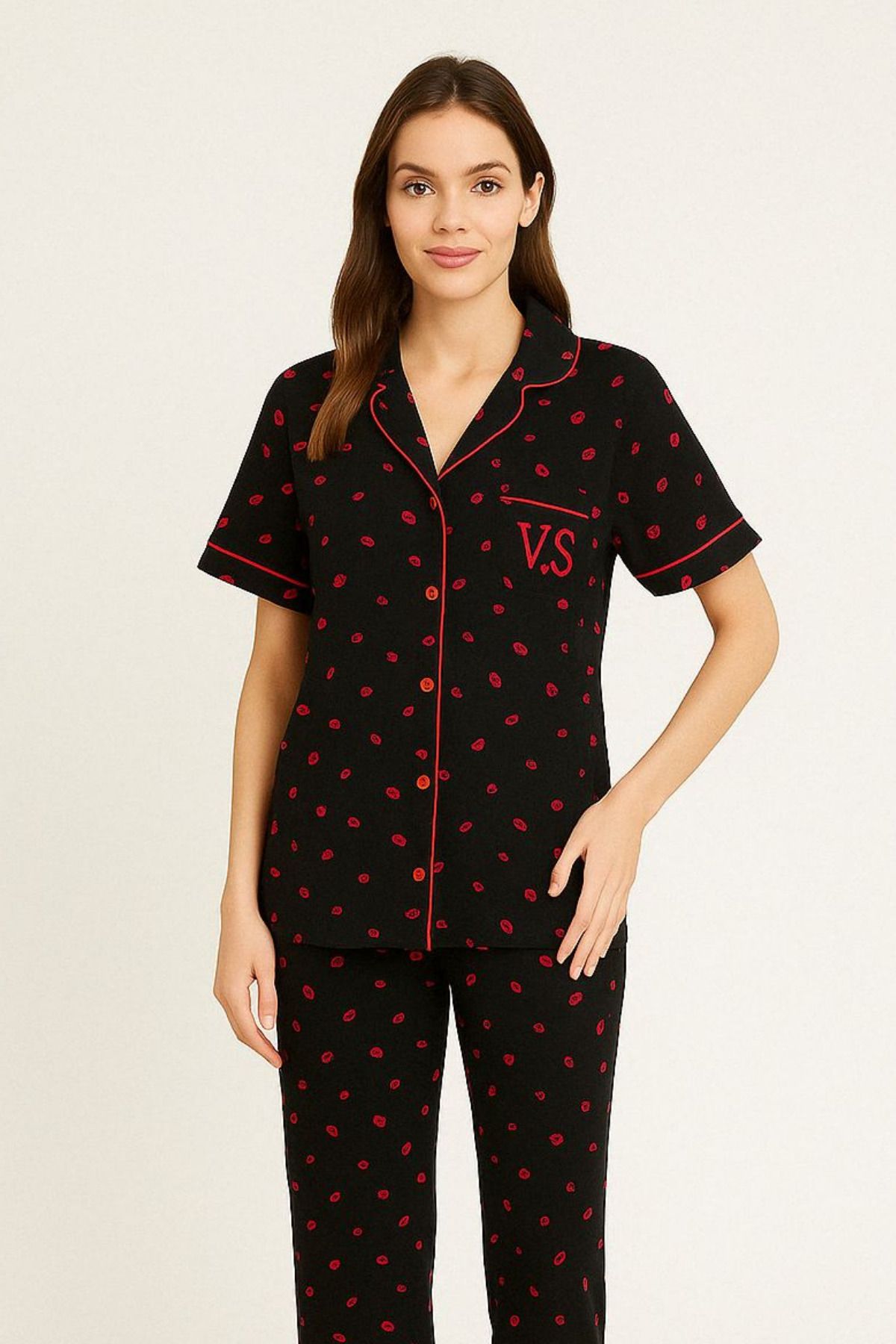 FENZO Kadın Pembe Dudak Desenli Pamuklu Viskon Pijama Takımı Kısa Kollu Üst Uzun Pijama Alt Rahat Homewear