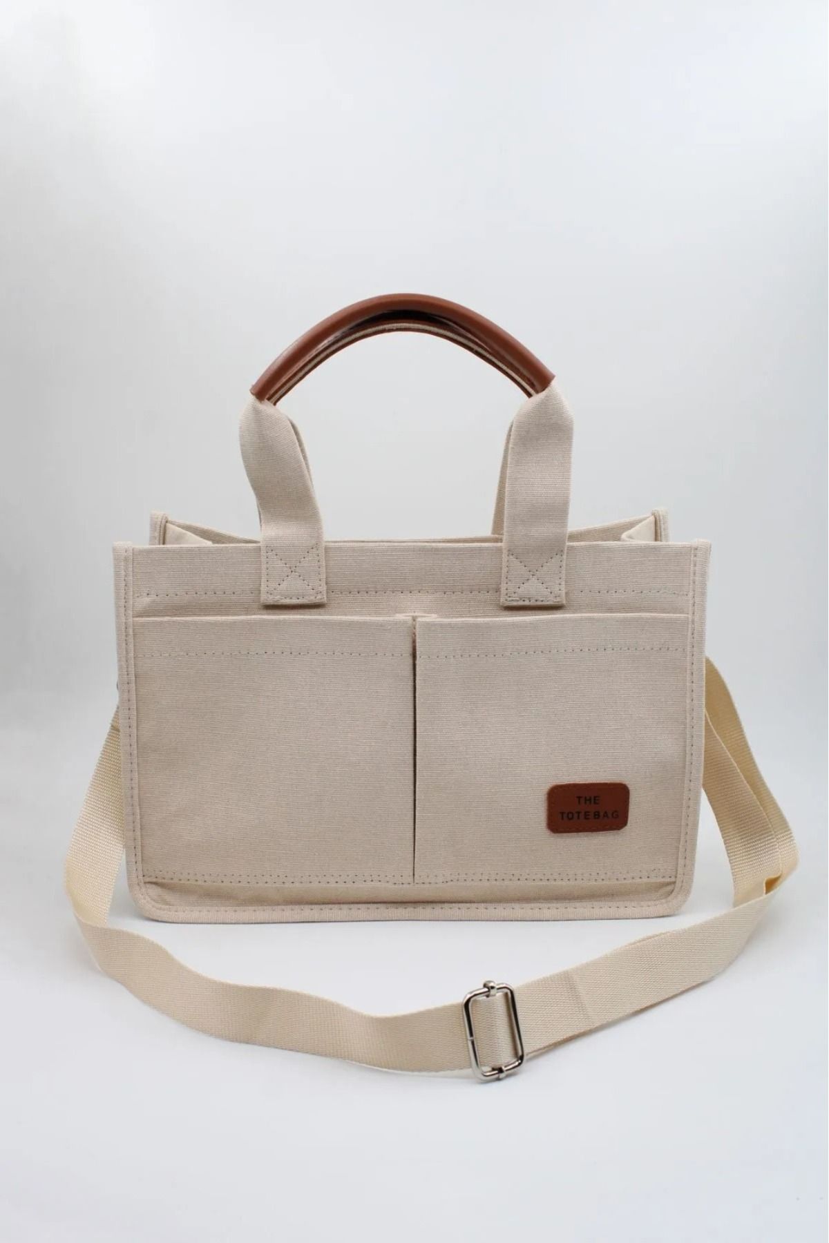 özlora Kadın Kanvas Kumaş İki Adet Ön Cepli Tote Bag El Ve Omuz Çantası