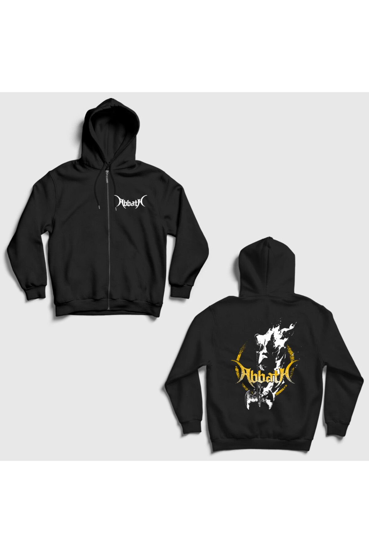 Presmono Unisex Siyah Axe Metal Abbath Sırt Baskılı Fermuarlı Kapüşonlu Sweatshirt 541638tt
