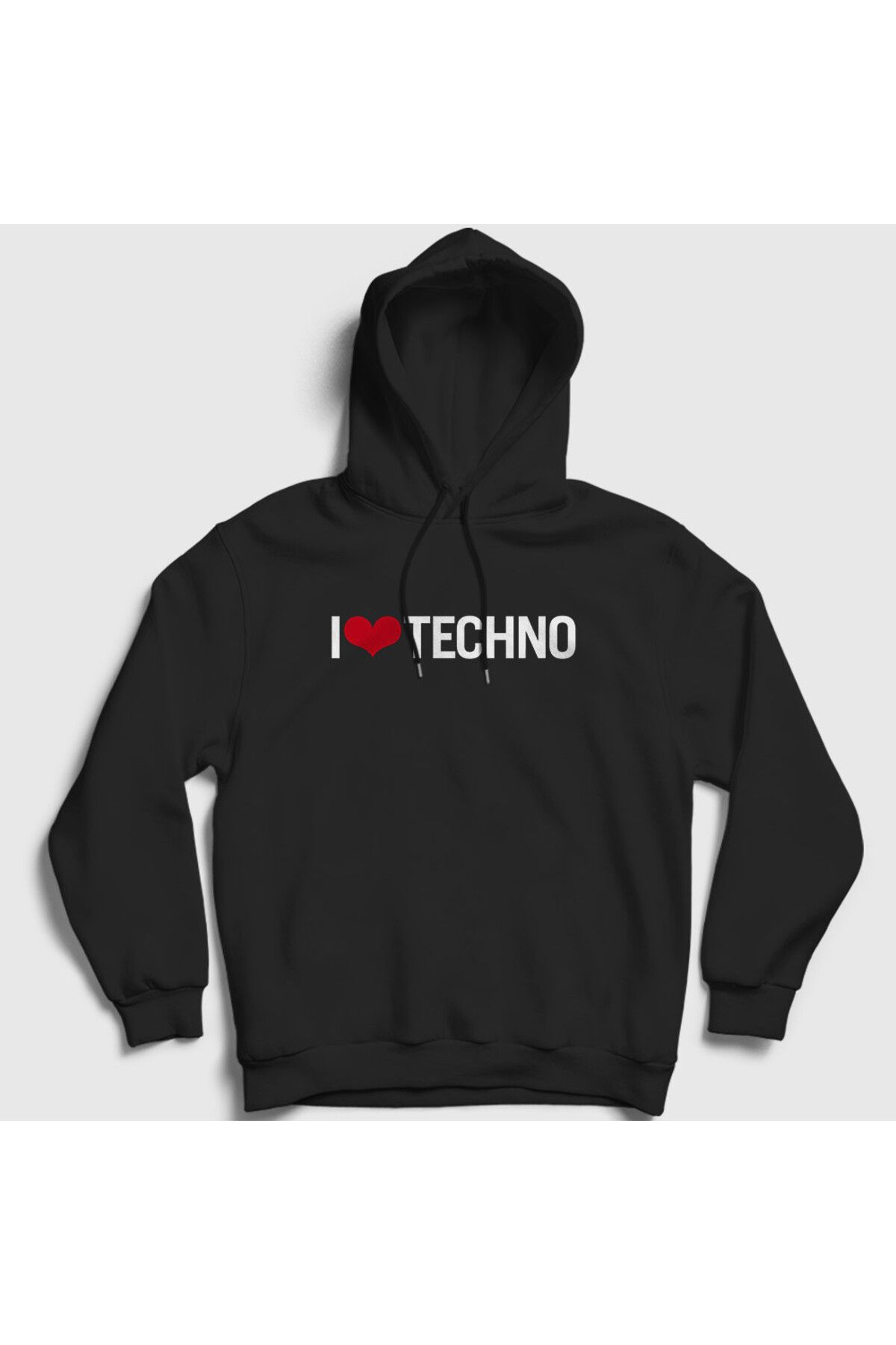 Presmono Unisex Siyah I Love Techno Kapüşonlu Sweatshirt 543399tt