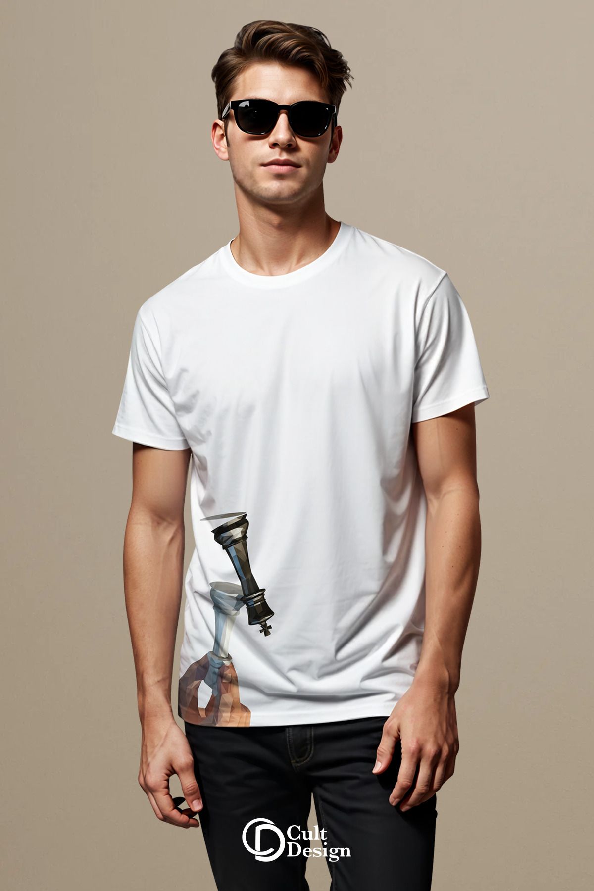 CULTDESİGN SATRANÇ DETAYLI UNİSEX Premium Baskılı Basic, Organik Pamuklu, Bisiklet Yaka T-Shirt