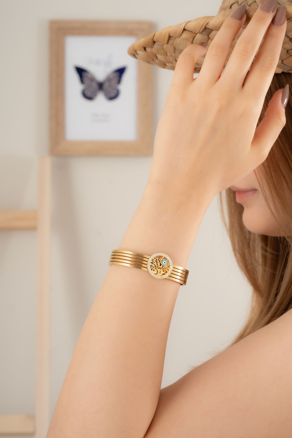 Finesa Jewelry Kadın Hayat Ağacı Motifli Beş Sıra Altın Sarısı Bileklik