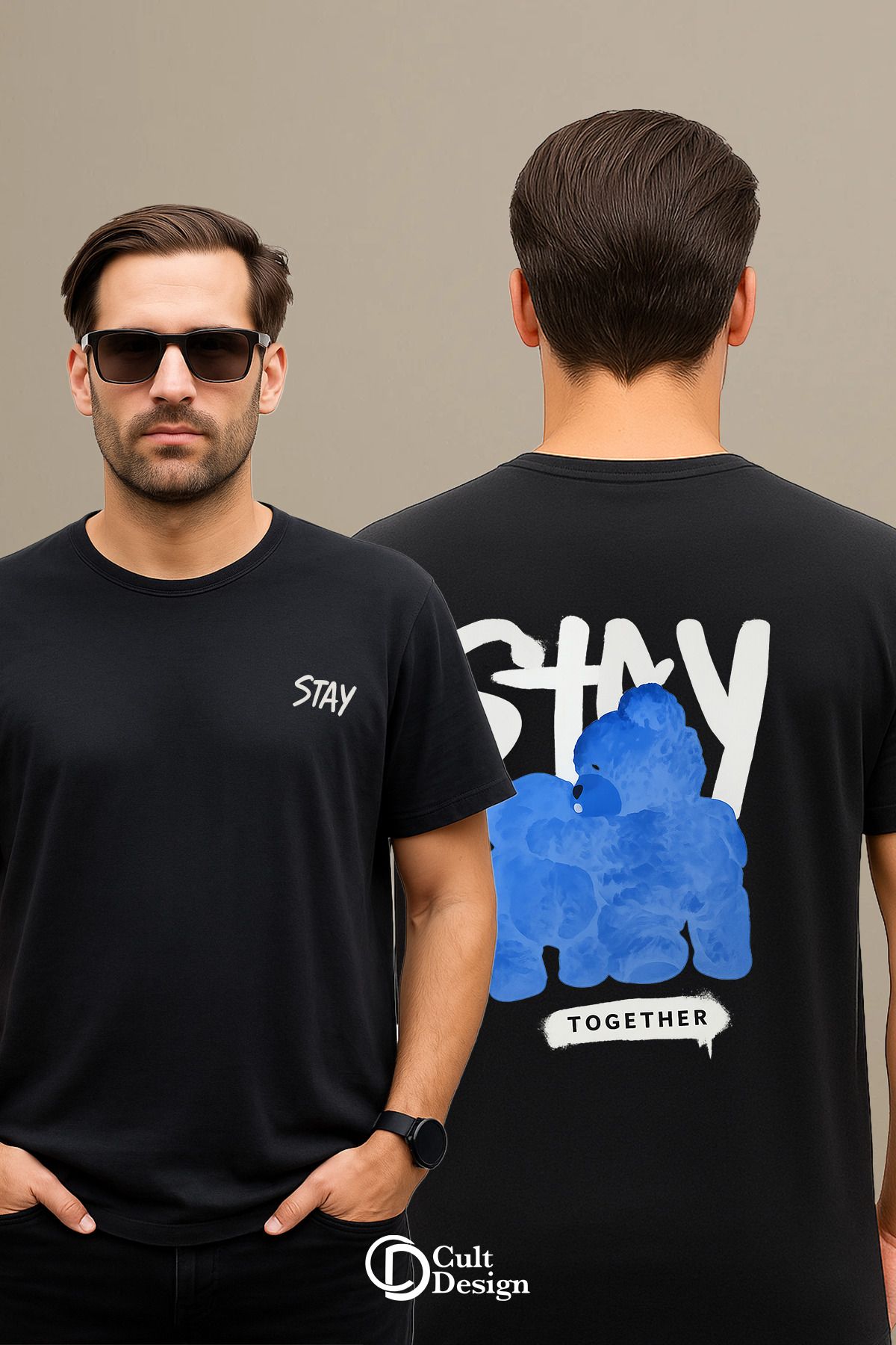 CULTDESİGN STAY SİYAH YAZI DETAYLI UNİSEX Premium Baskılı Basic, Organik Pamuklu, Bisiklet Yaka T-Shirt
