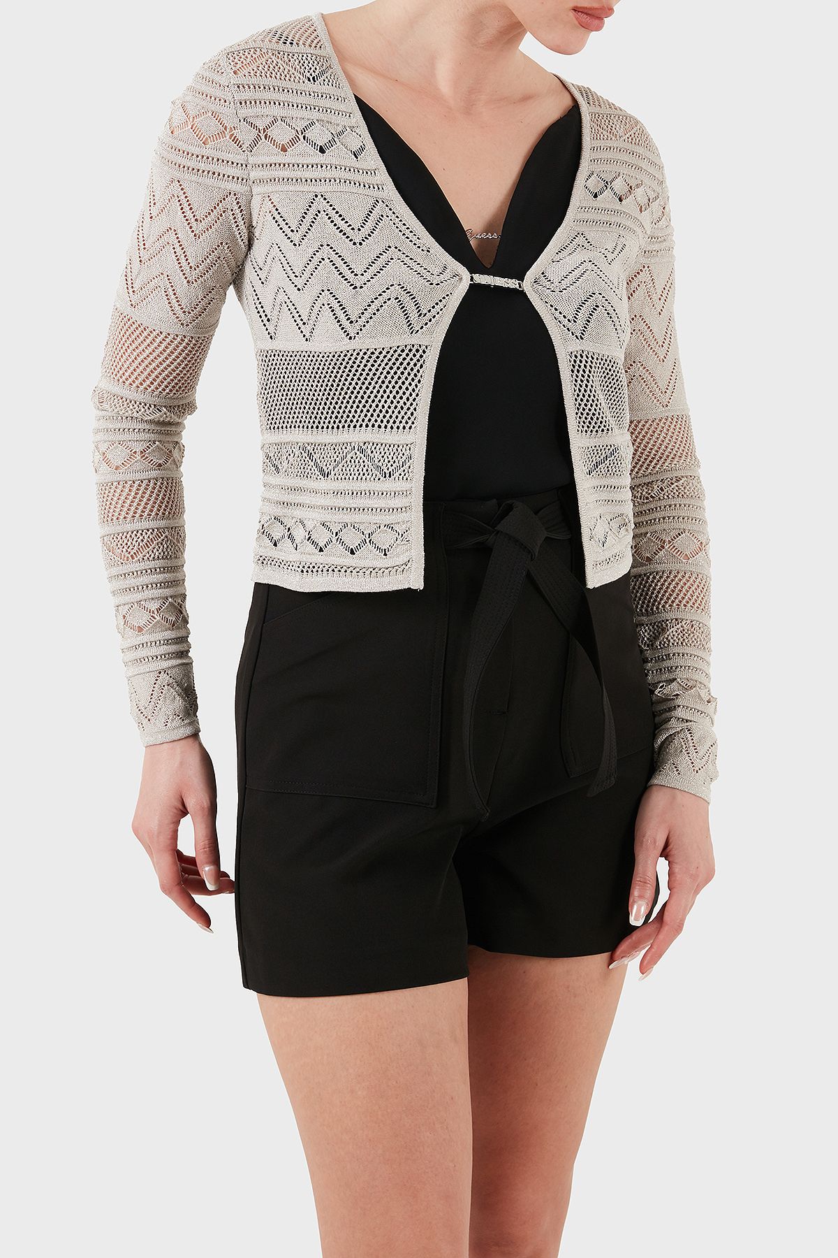 Guess-Nellie Openwork Regular Fit V λαιμόκοψη Ασημί κοντή ζακέτα W5GR15Z3E22 ΖΑΚΙ W5GR15 Z3E22 F97H 5