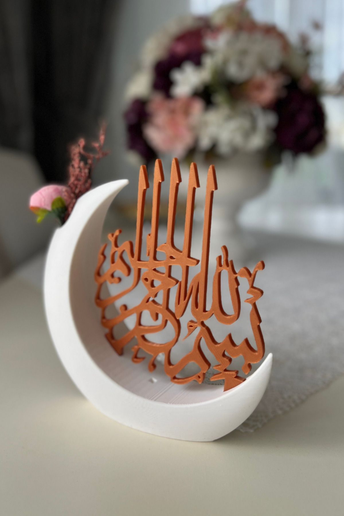 lina hobby Bismillah Yazılı Hilal Mini Vazosu | Çiçek Bölmeli İslami Ev Dekoru